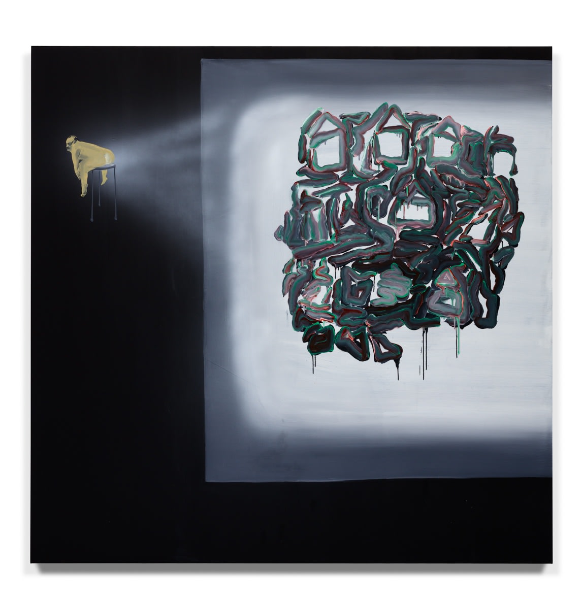 Tala Madani Rear projection (Village)2016 Oil on linen 203 x 203 cm 80 x 80 in