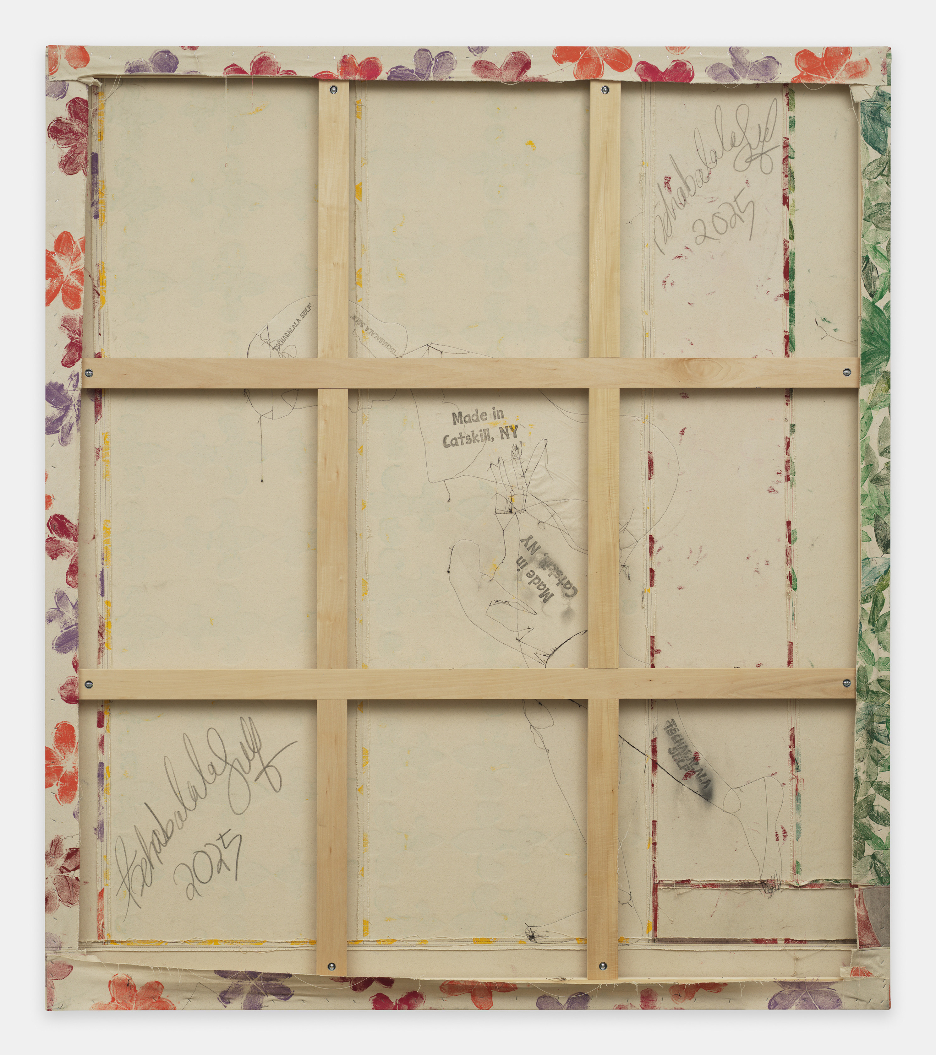 Tschabalala Self Submission2025 Acrylic paint, fabric, thread, coloured pencil, painted canvas on canvas 243.8 x 213.4 x 3.8 cm 96...