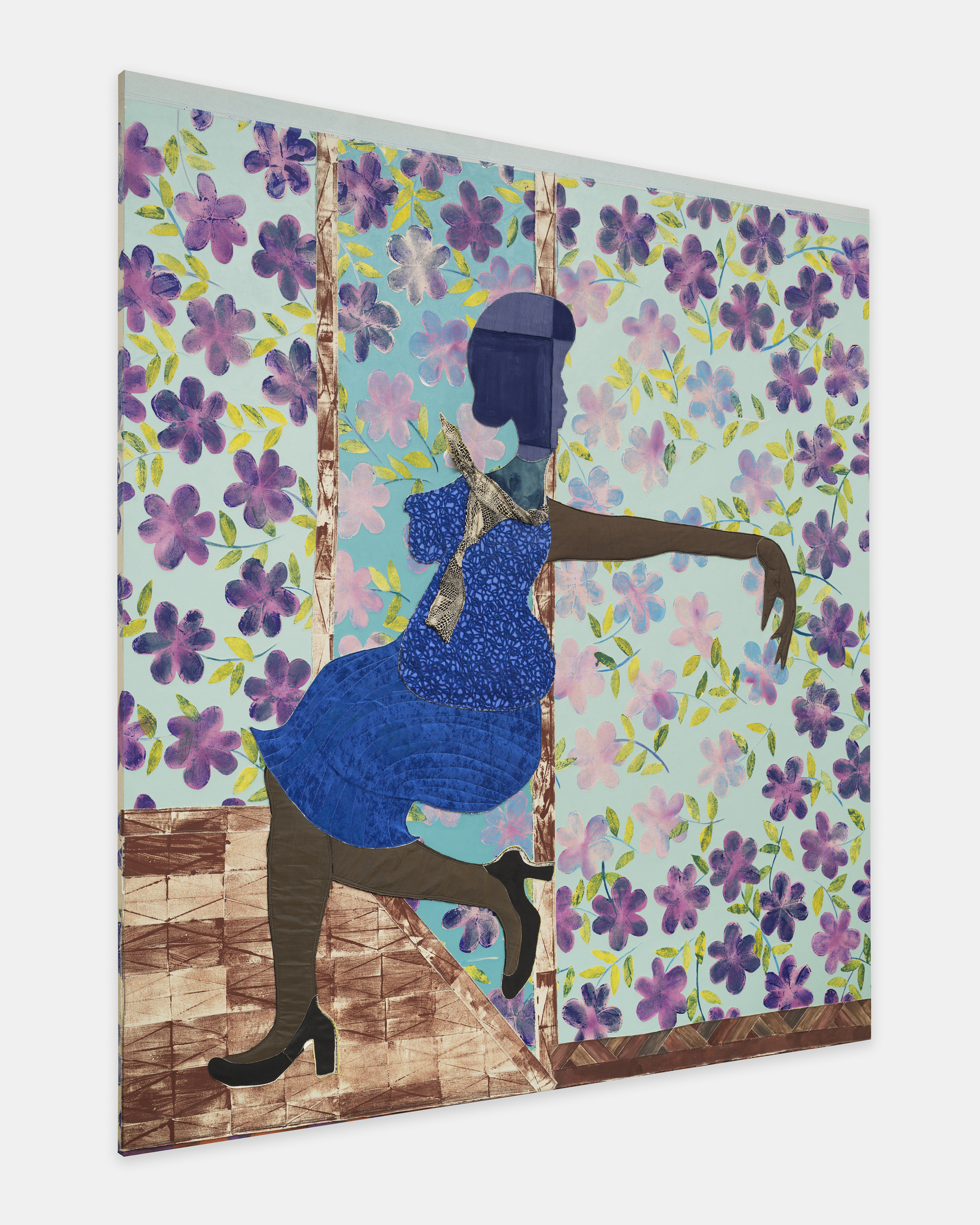 Tschabalala Self Blue Woman2025 Acrylic paint, fabric, thread, coloured pencil, painted canvas on canvas 259.1 x 243.8 x 3.8 cm...