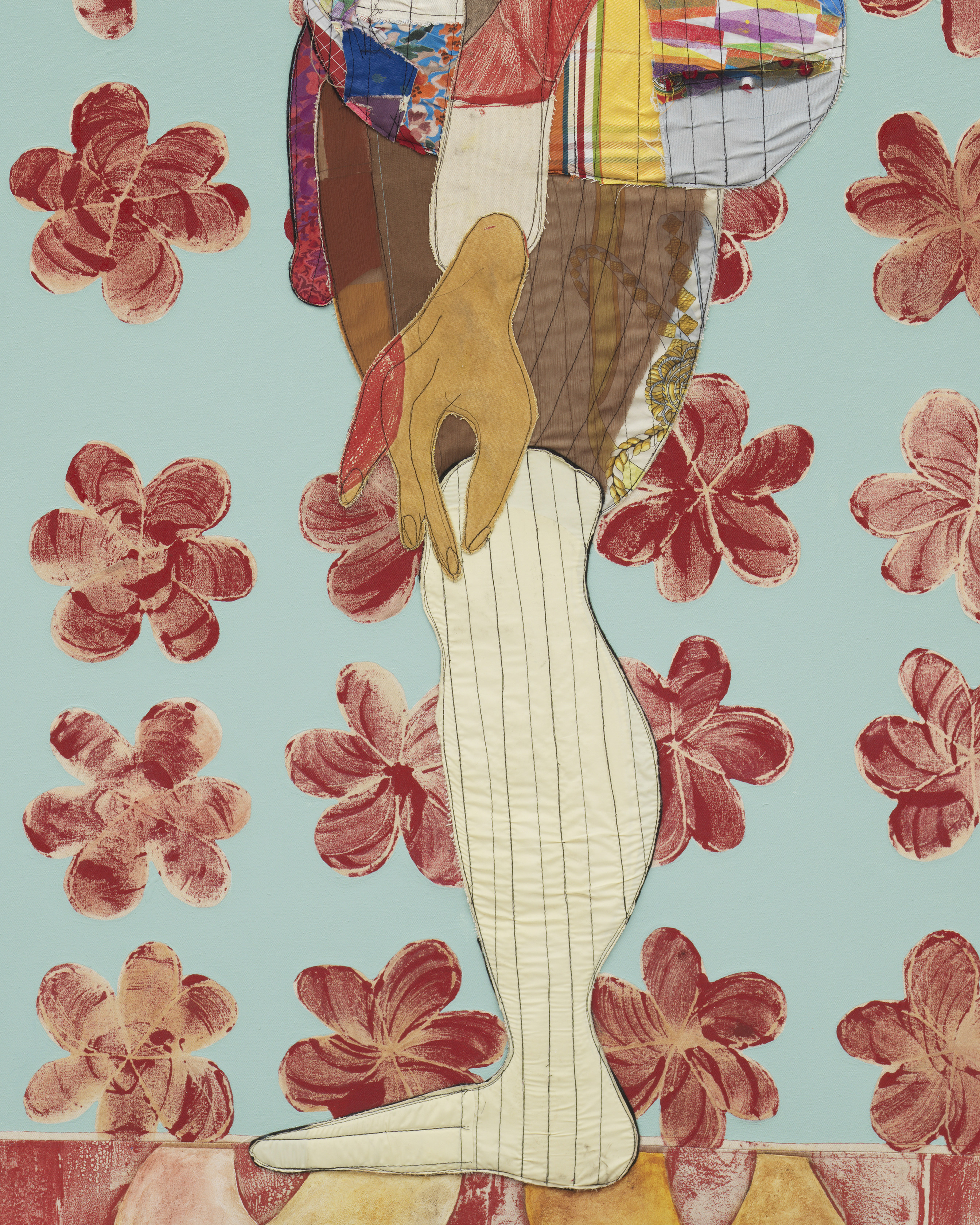 Tschabalala Self Humility2025 Acrylic paint, fabric, thread, coloured pencil, painted canvas on canvas 243.8 x 121.9 x 4.4 cm 96...