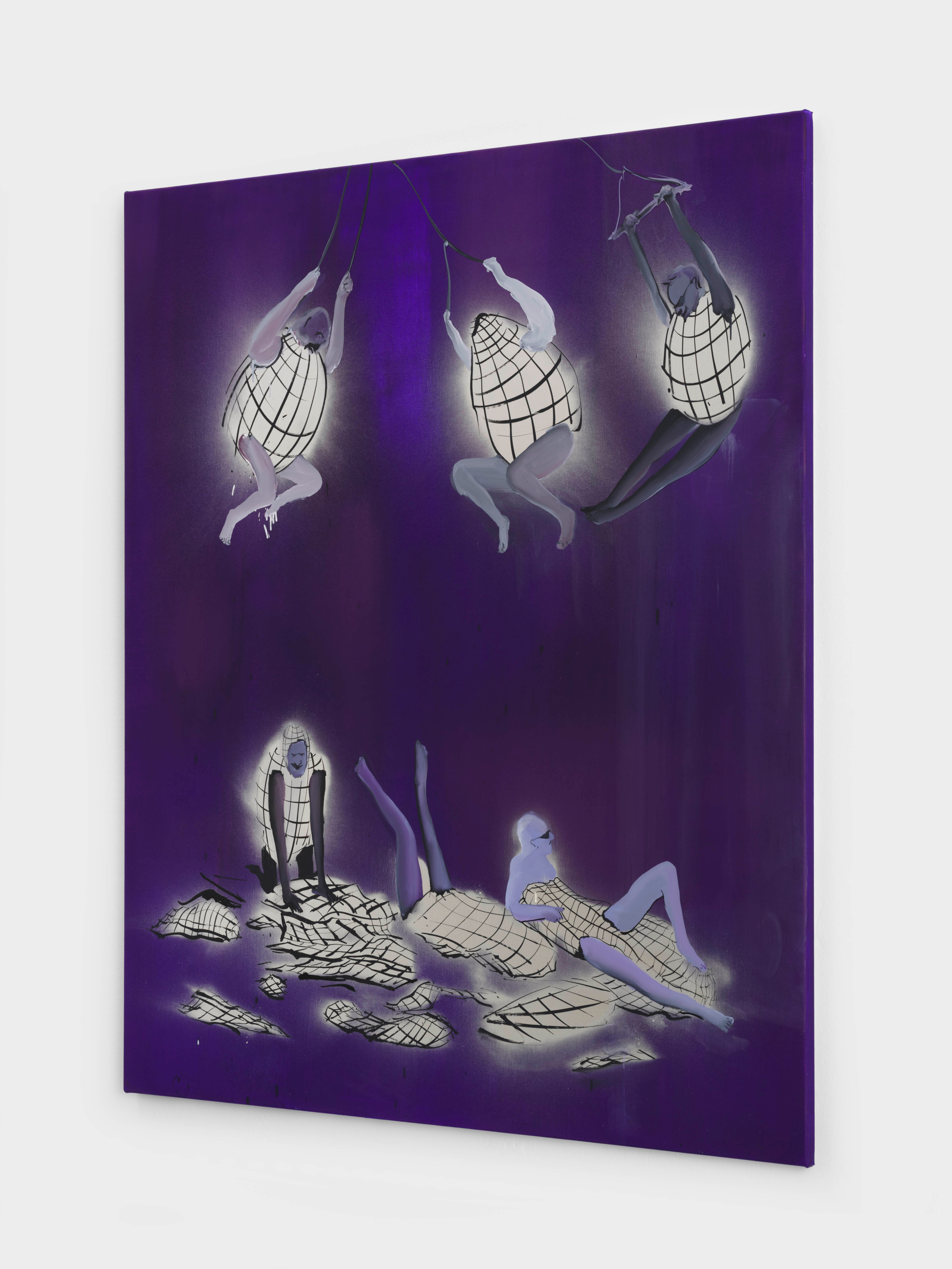 Tala Madani Disco Balls2025 Oil and spray paint on linen 147.3 x 152.4 cm 58 x 60 in