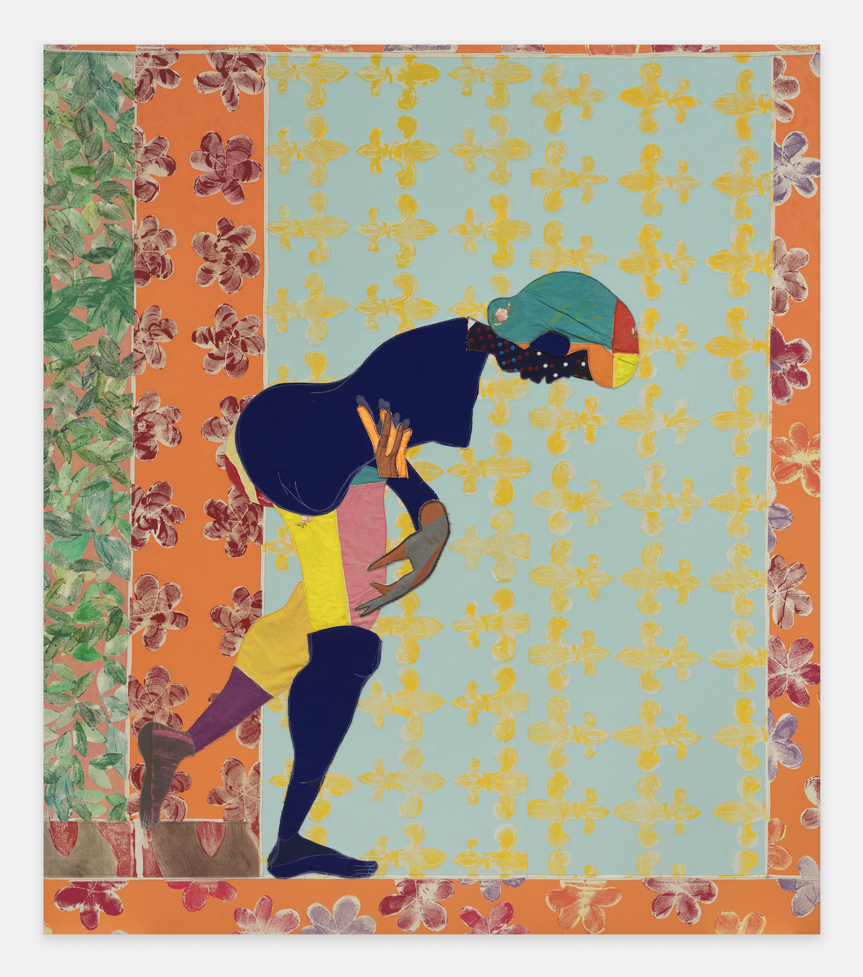 Tschabalala Self Submission2025 Acrylic paint, fabric, thread, coloured pencil, painted canvas on canvas 243.8 x 213.4 x 3.8 cm 96...