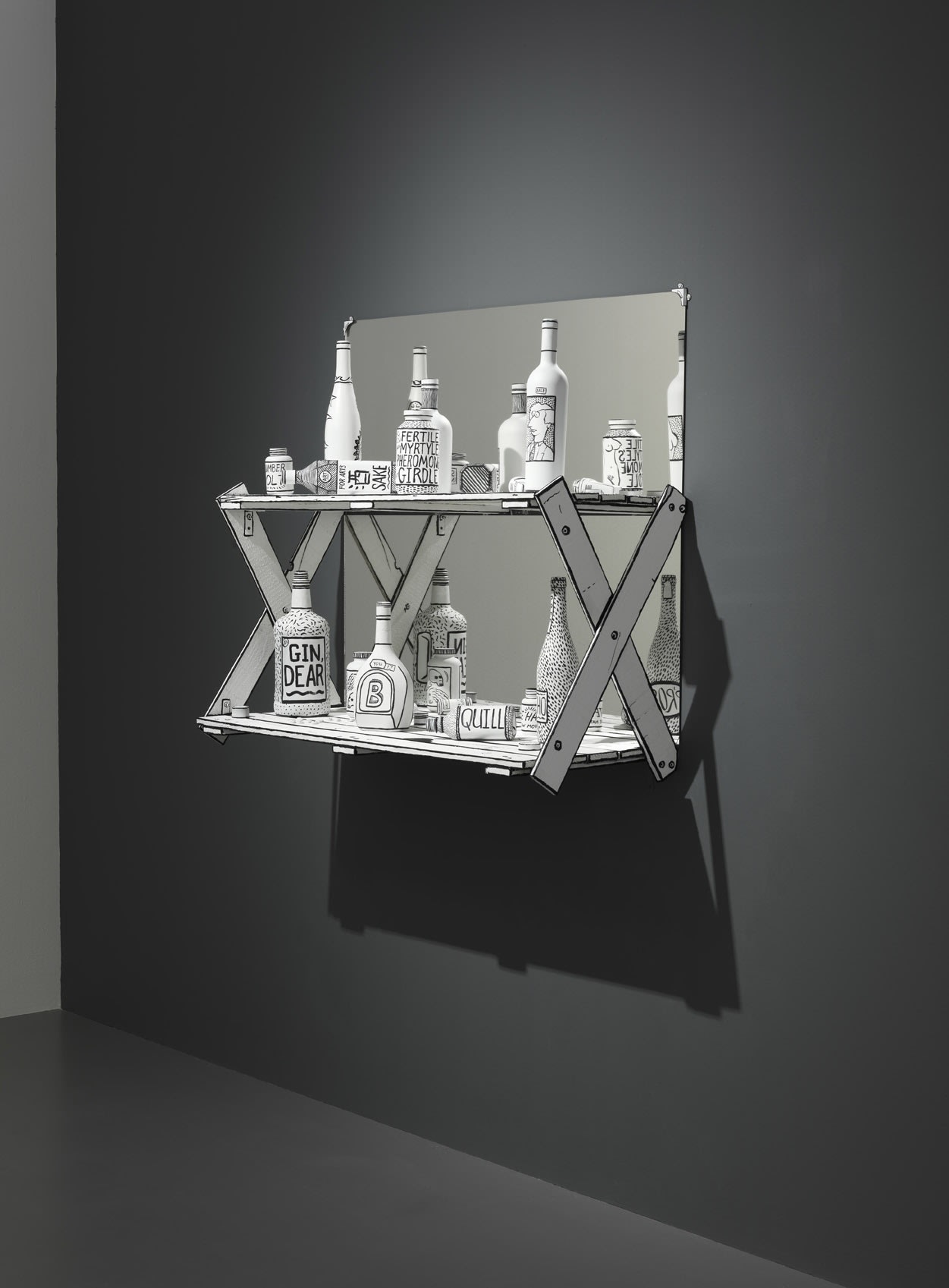 Mary Reid Kelley and Patrick Kelley Pasiphae's Liquor Cabinet2014 Liquor and pill bottles, paint, sculpey compound, glass, wood 93.5 x...