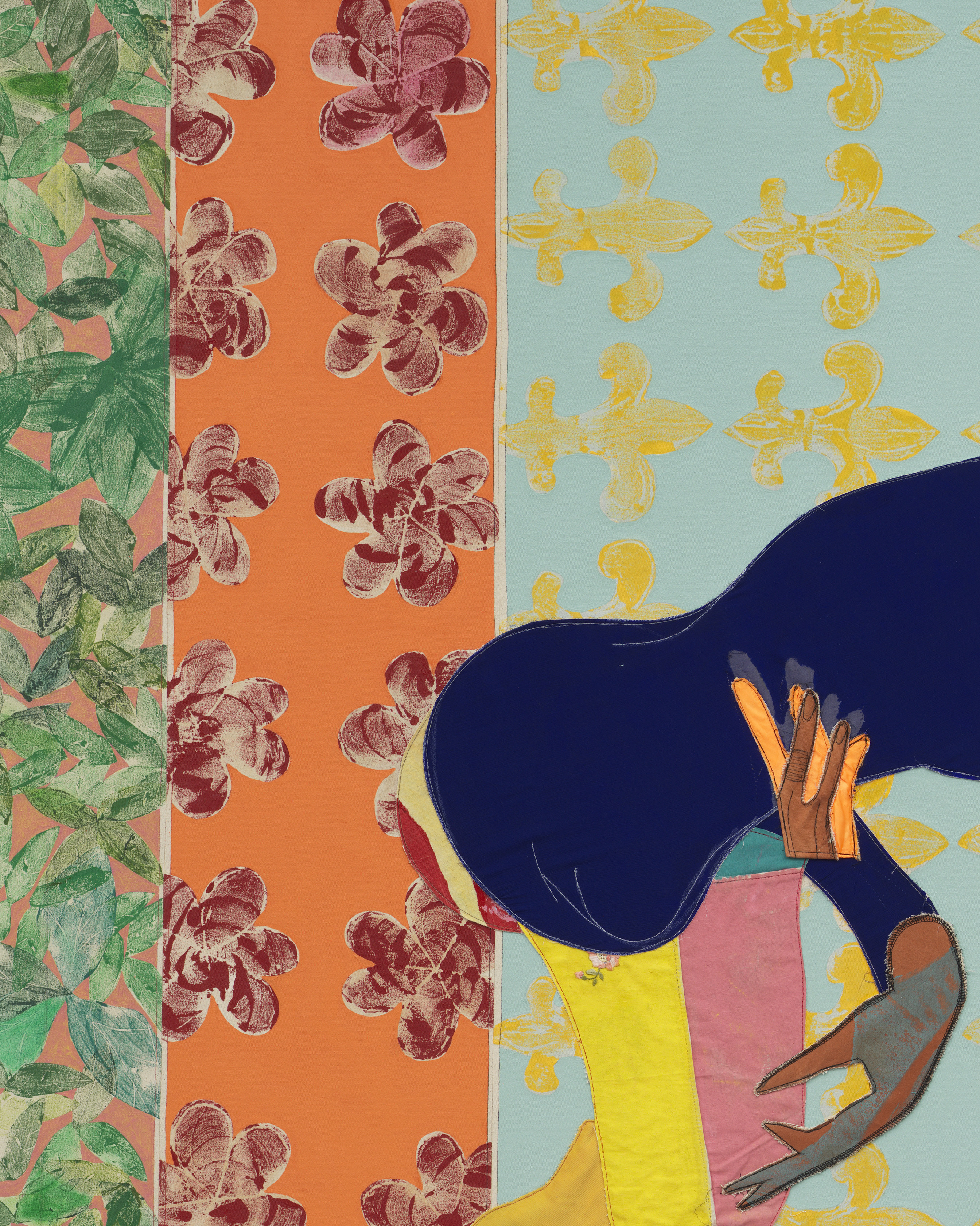 Tschabalala Self Submission2025 Acrylic paint, fabric, thread, coloured pencil, painted canvas on canvas 243.8 x 213.4 x 3.8 cm 96...