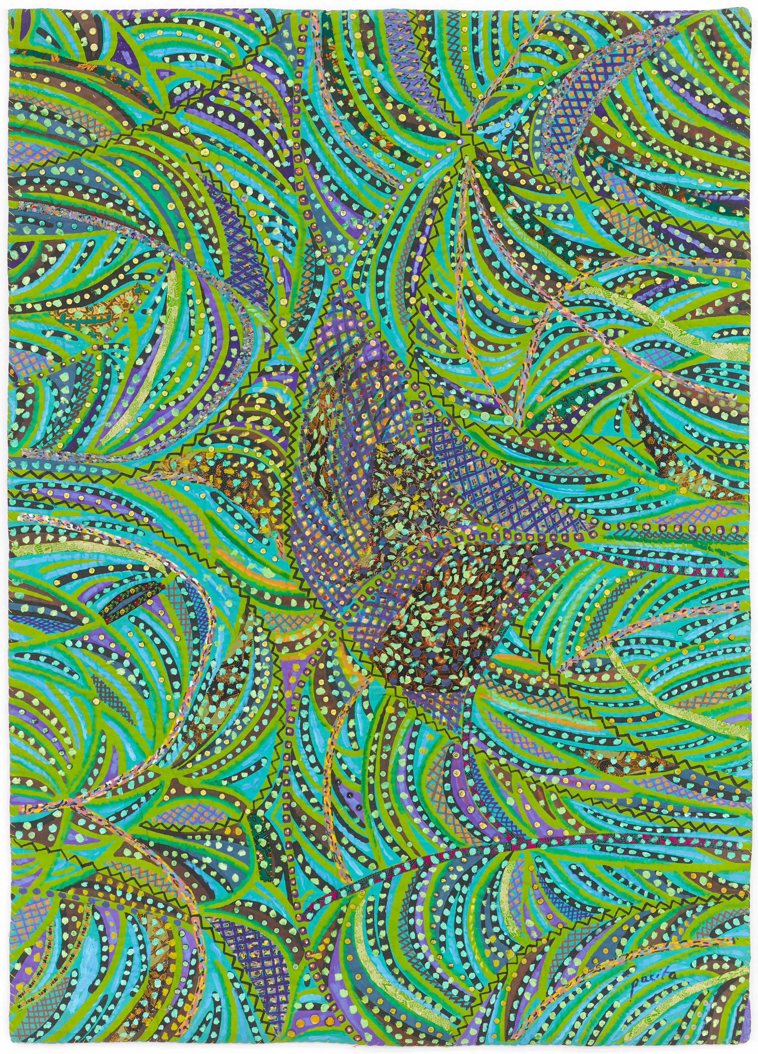 Pacita Abad Grasshopper1985 Acrylic, oil, plastic buttons on silk screened, stitched and padded canvas 208.3 x 149.9 cm 82 x...