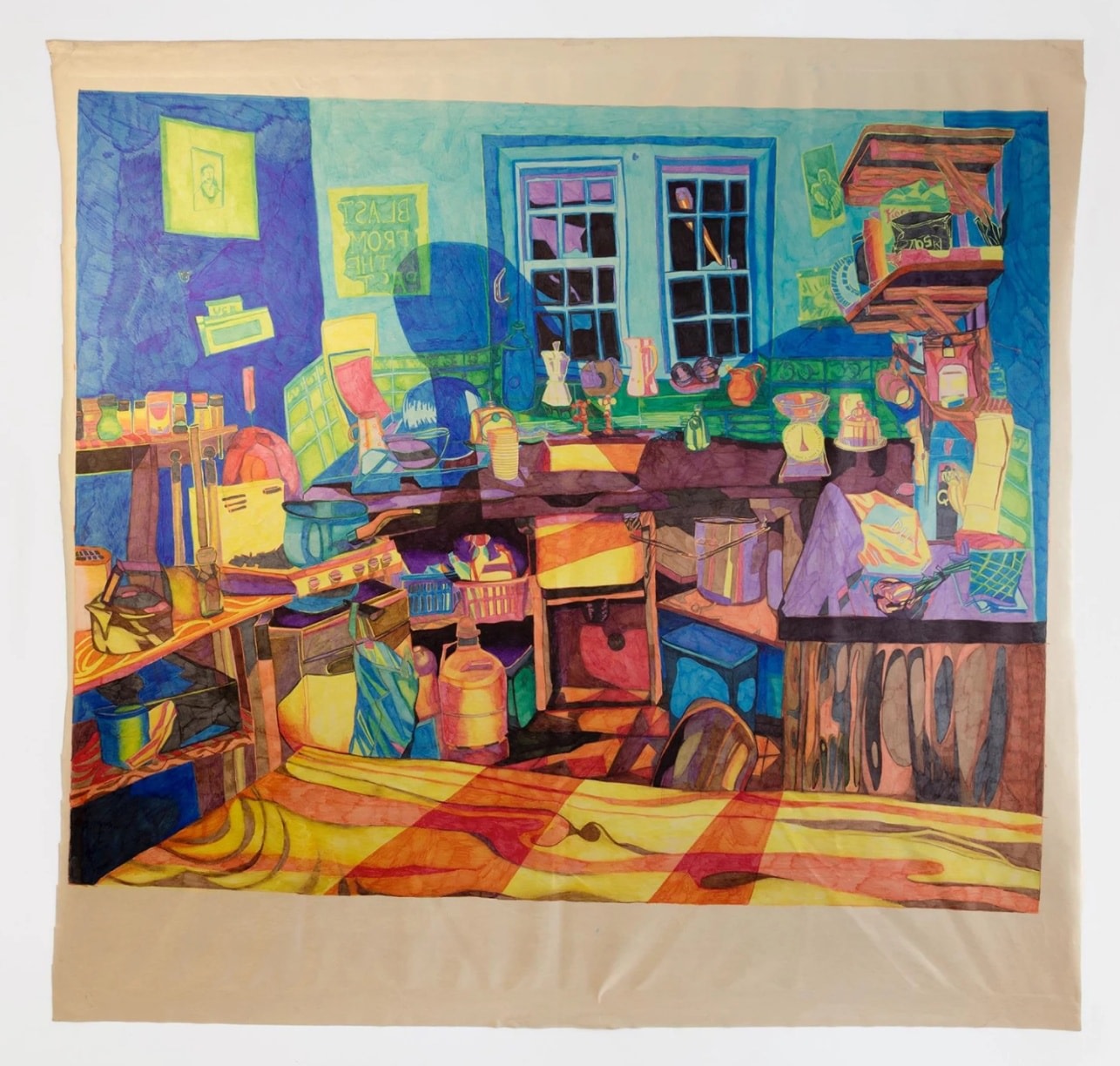 Keren Cytter Dutch Kitchen2016 Material Markers on Vinyl fake leather 150 x 150 cm