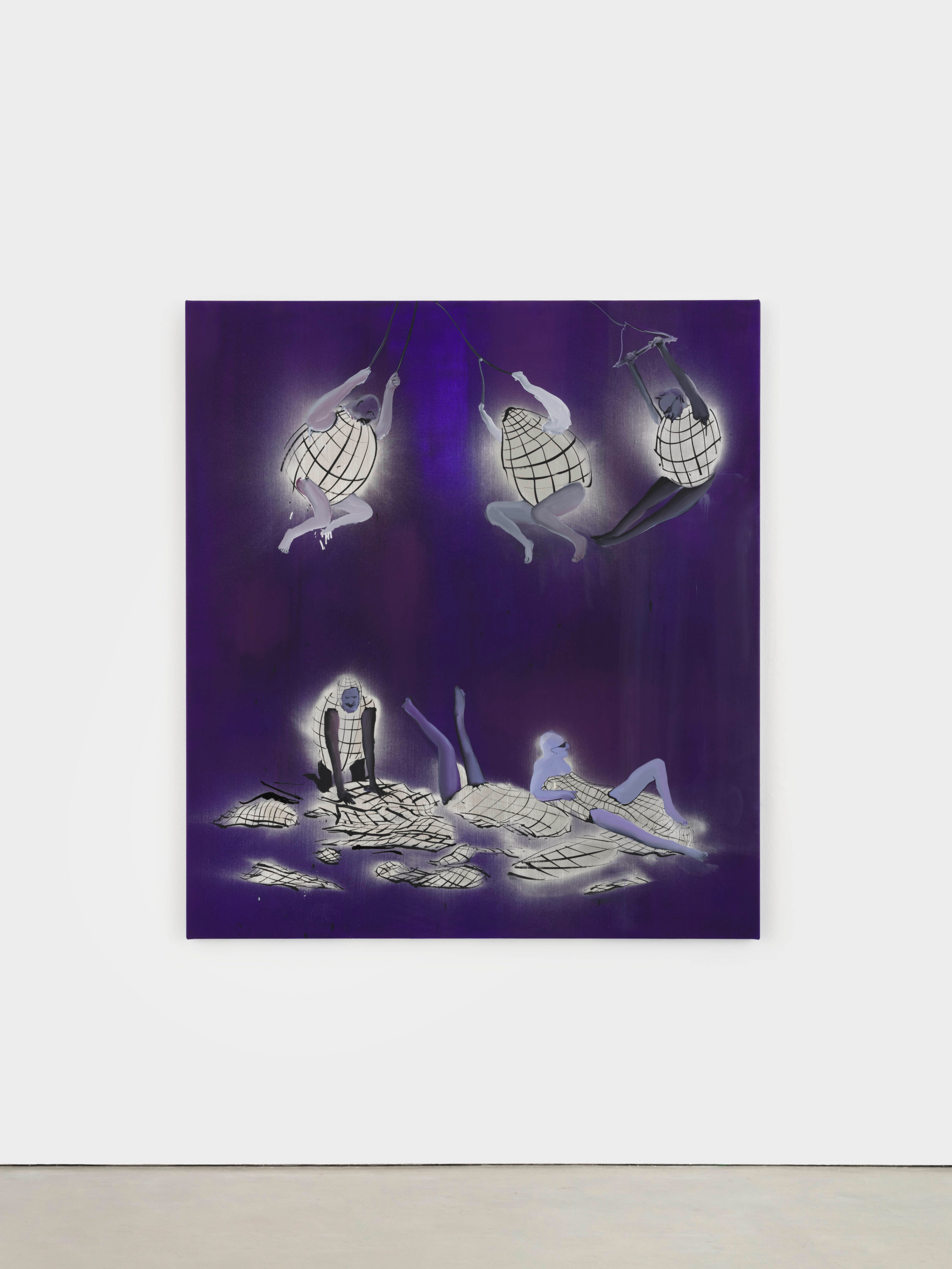 Tala Madani Disco Balls2025 Oil and spray paint on linen 147.3 x 152.4 cm 58 x 60 in