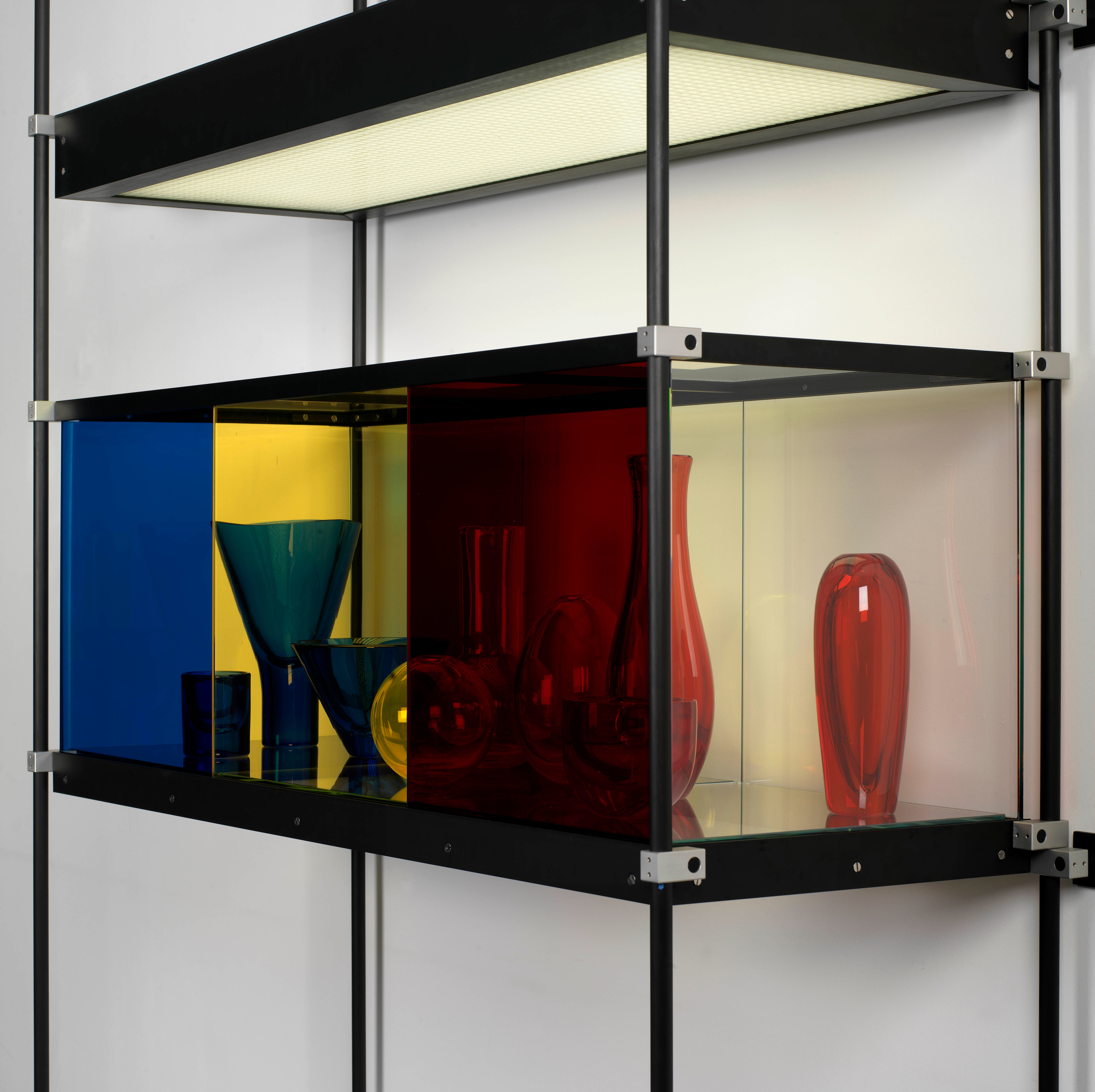 Josiah McElheny Chromatic Modernism (Blue, Yellow, Red)2008 Hand blown glass, coloured laminated sheet glass, low iron steel glass, anodized aluminium...