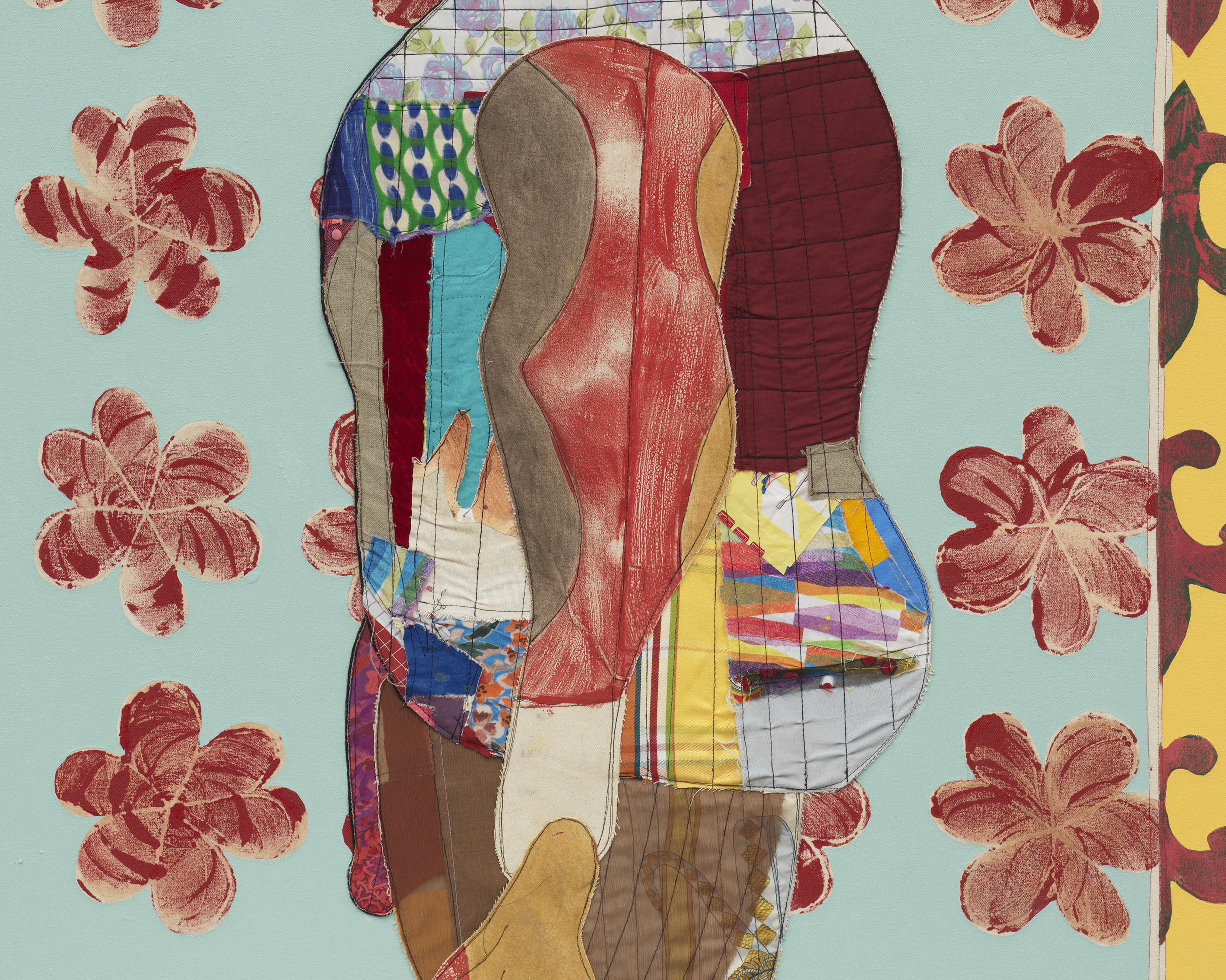 Tschabalala Self Humility2025 Acrylic paint, fabric, thread, coloured pencil, painted canvas on canvas 243.8 x 121.9 x 4.4 cm 96...