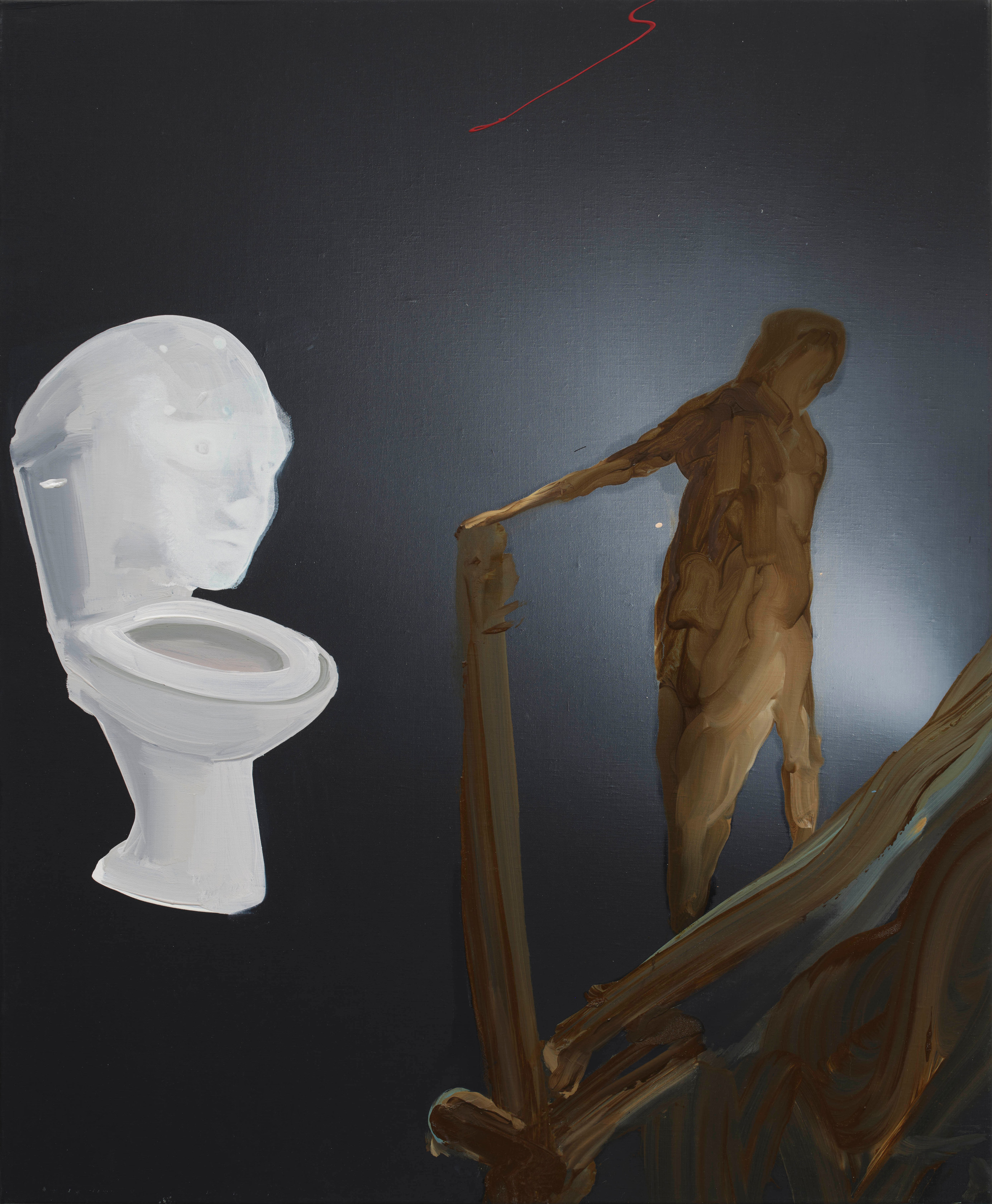 Tala Madani A.I. (W.C. Crisis)2025 Oil on linen 78.7 x 64.8 x 2.5 cm 31 x 25 1/2 x 1...