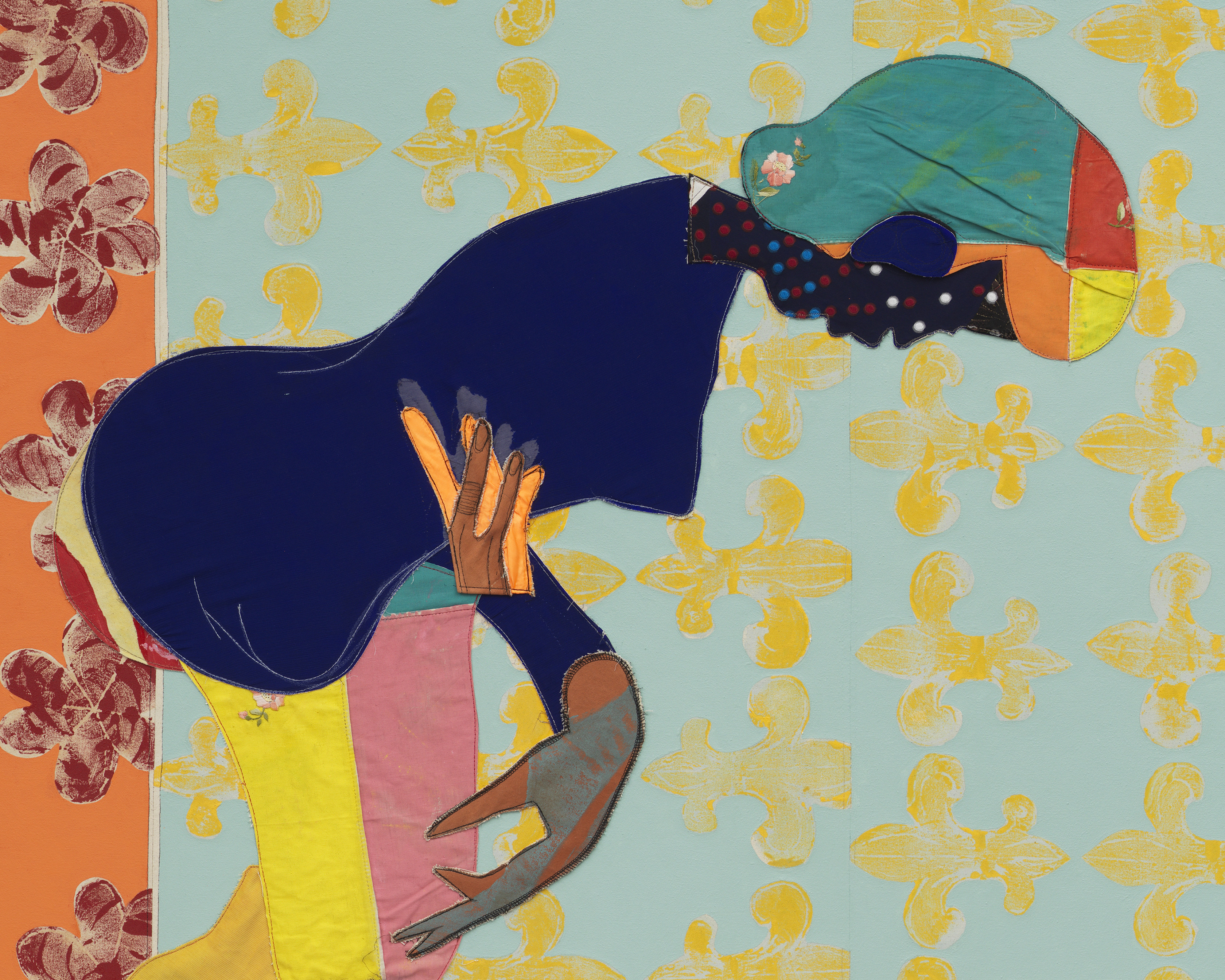 Tschabalala Self Submission2025 Acrylic paint, fabric, thread, coloured pencil, painted canvas on canvas 243.8 x 213.4 x 3.8 cm 96...