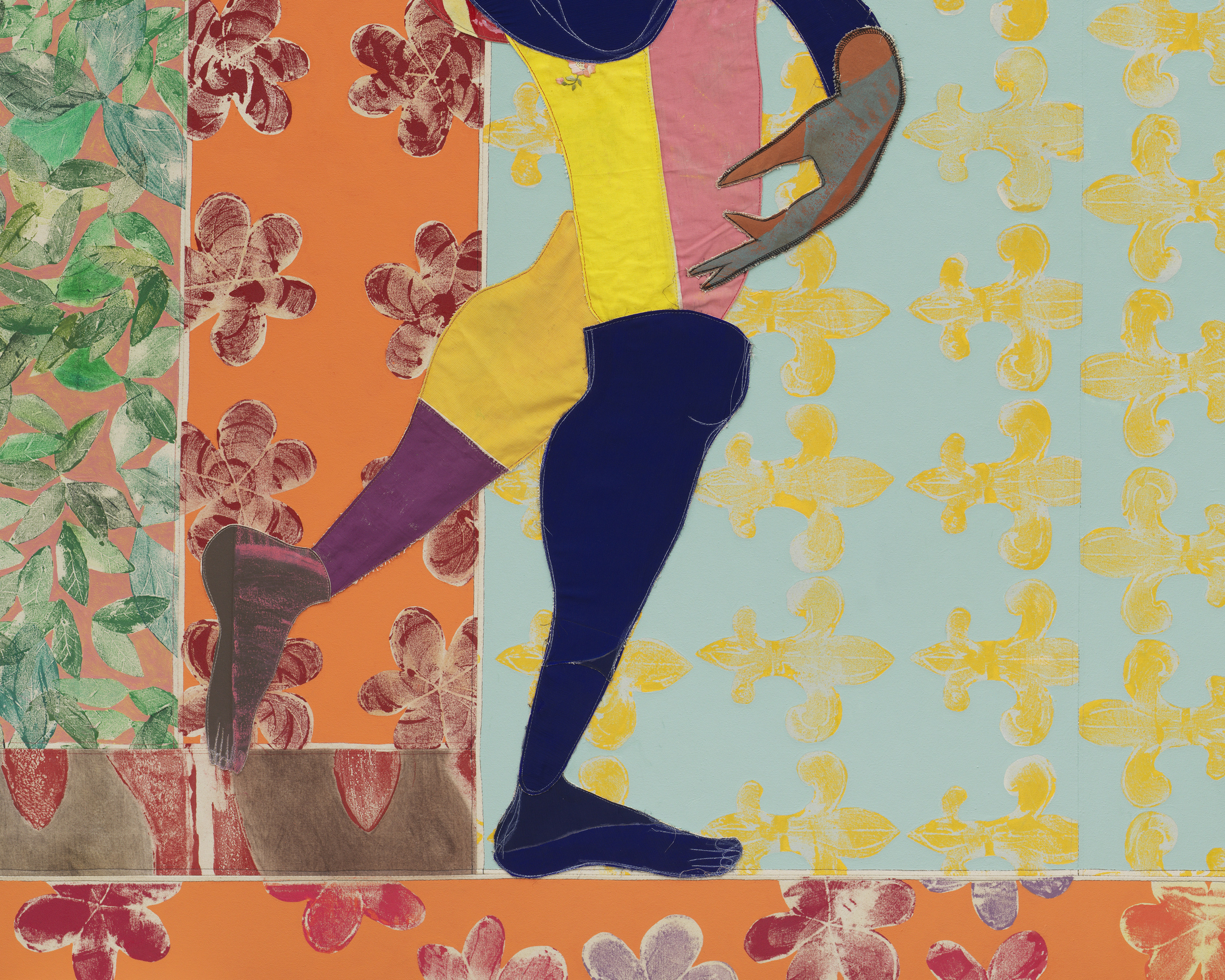 Tschabalala Self Submission2025 Acrylic paint, fabric, thread, coloured pencil, painted canvas on canvas 243.8 x 213.4 x 3.8 cm 96...