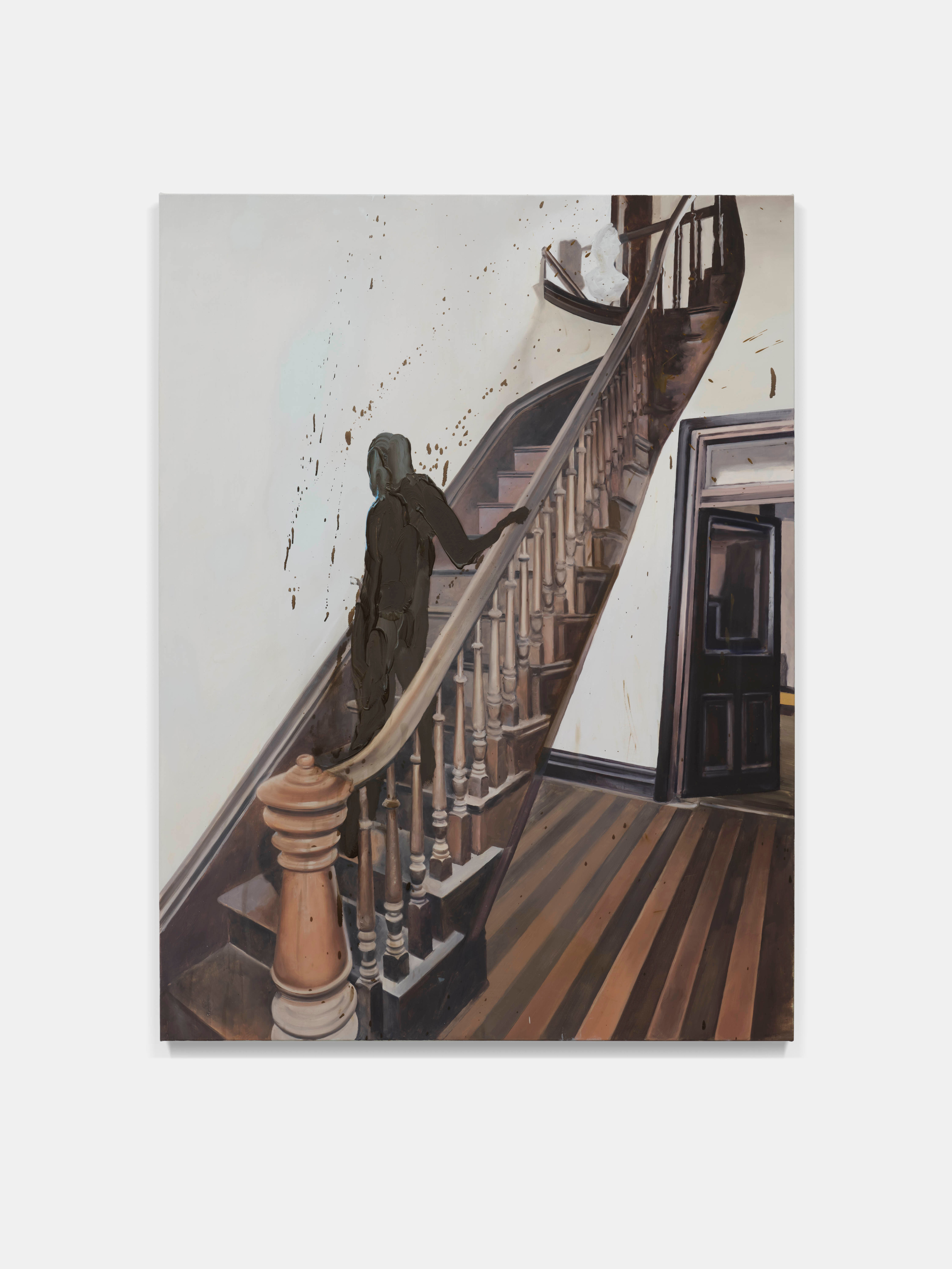 Tala Madani Shit Mom Ascending a Staircase2025 Oil on linen 121.9 x 91.4 x 3.2 cm 48 x 36 x...