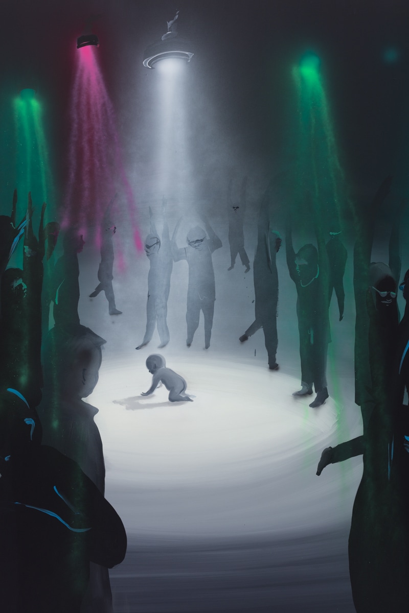 Tala Madani Disco Child2019 Oil on linen 228.6 x 193 cm 90 x 76 in