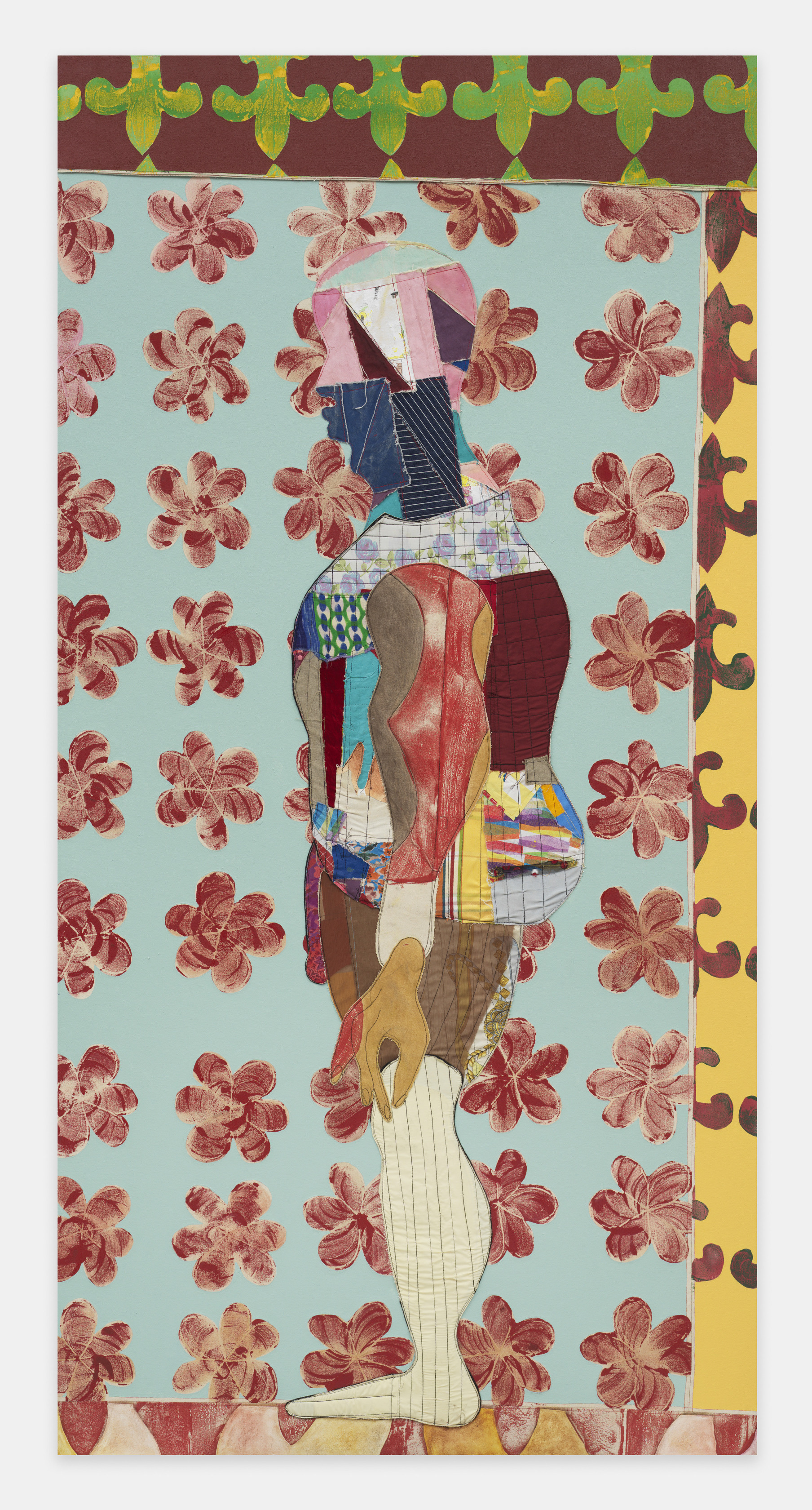 Tschabalala Self Humility2025 Acrylic paint, fabric, thread, coloured pencil, painted canvas on canvas 243.8 x 121.9 x 4.4 cm 96...