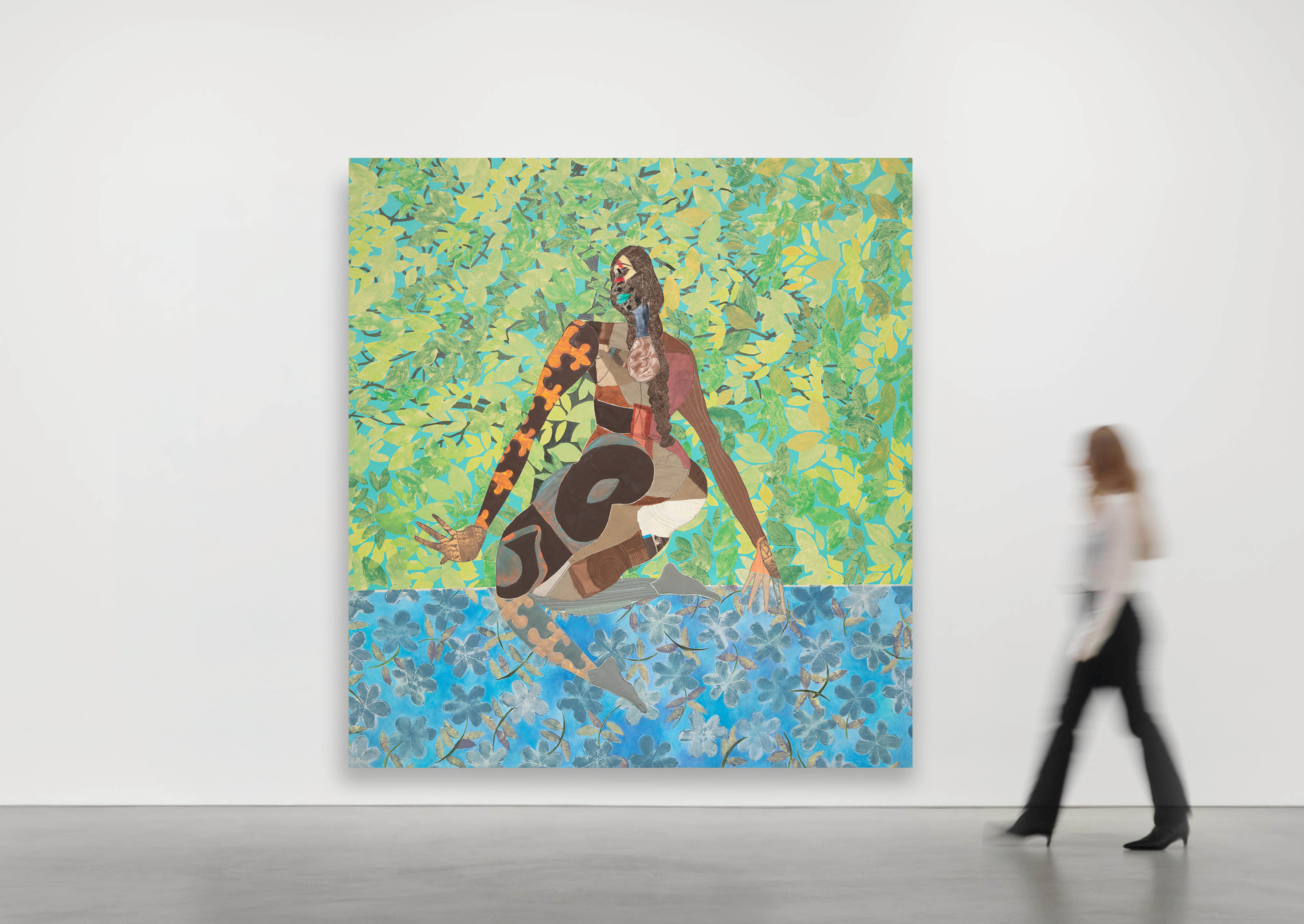 Tschabalala Self Bayou Bather2025 Fabric, thread, painted canvas, colored pencil, acrylic, oil and ink on canvas 259.1 x 243.8 x...