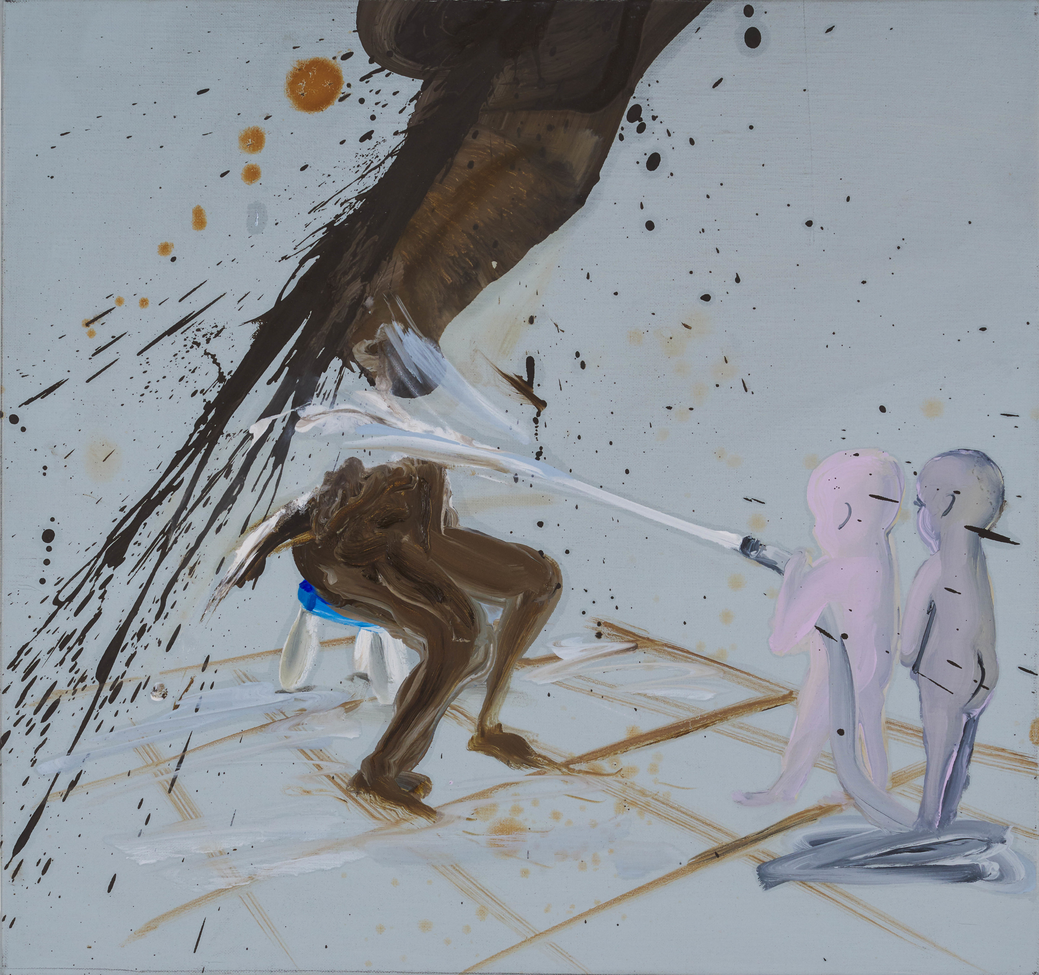 Tala Madani Hose Down2021 Oil on linen 38.1 x 40.6 x 2.5 cm 15 x 16 x 1 in
