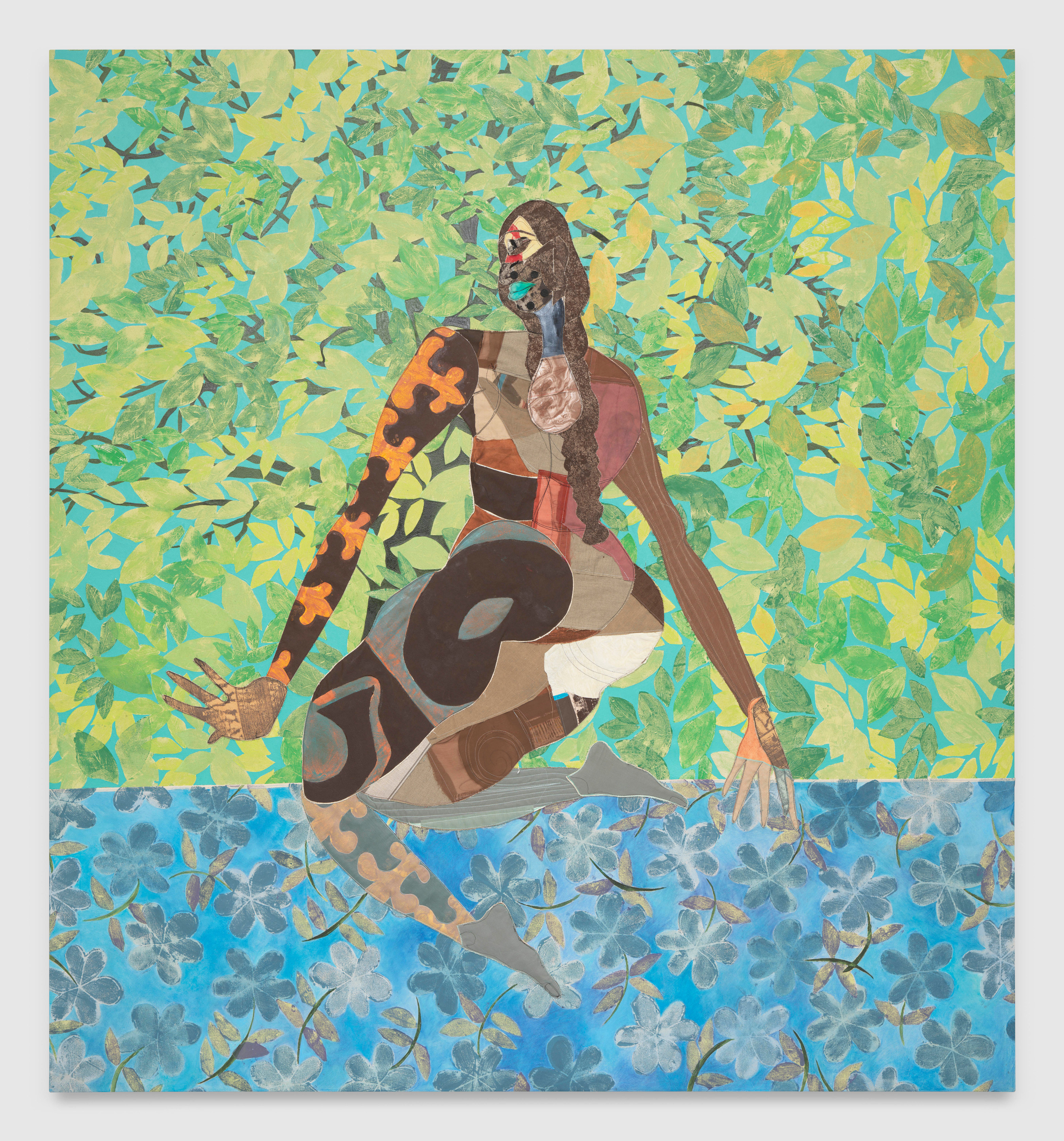 Tschabalala Self Bayou Bather2025 Fabric, thread, painted canvas, colored pencil, acrylic, oil and ink on canvas 259.1 x 243.8 x...