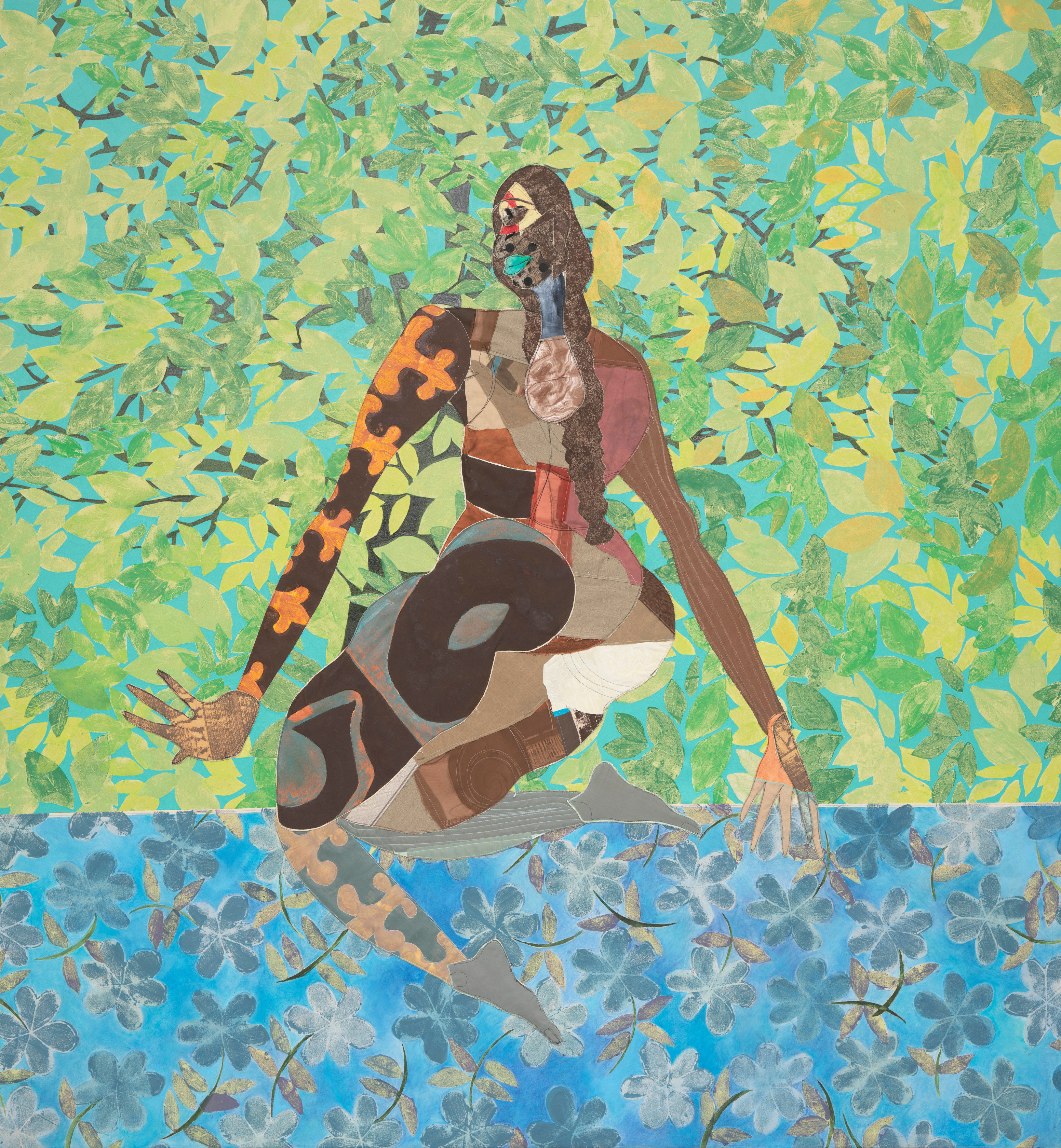 Tschabalala Self Bayou Bather2025 Fabric, thread, painted canvas, colored pencil, acrylic, oil and ink on canvas 259.1 x 243.8 x...