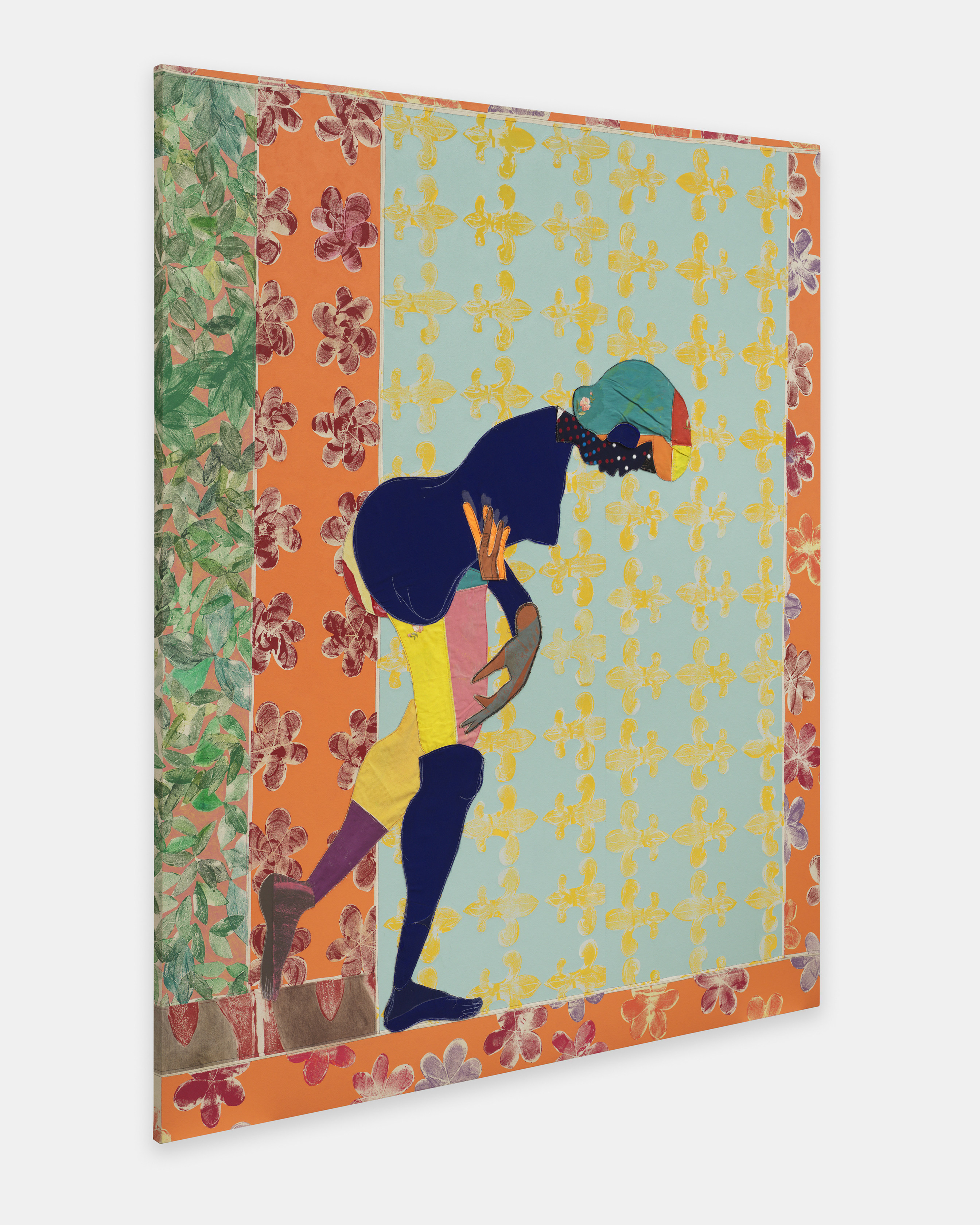 Tschabalala Self Submission2025 Acrylic paint, fabric, thread, coloured pencil, painted canvas on canvas 243.8 x 213.4 x 3.8 cm 96...