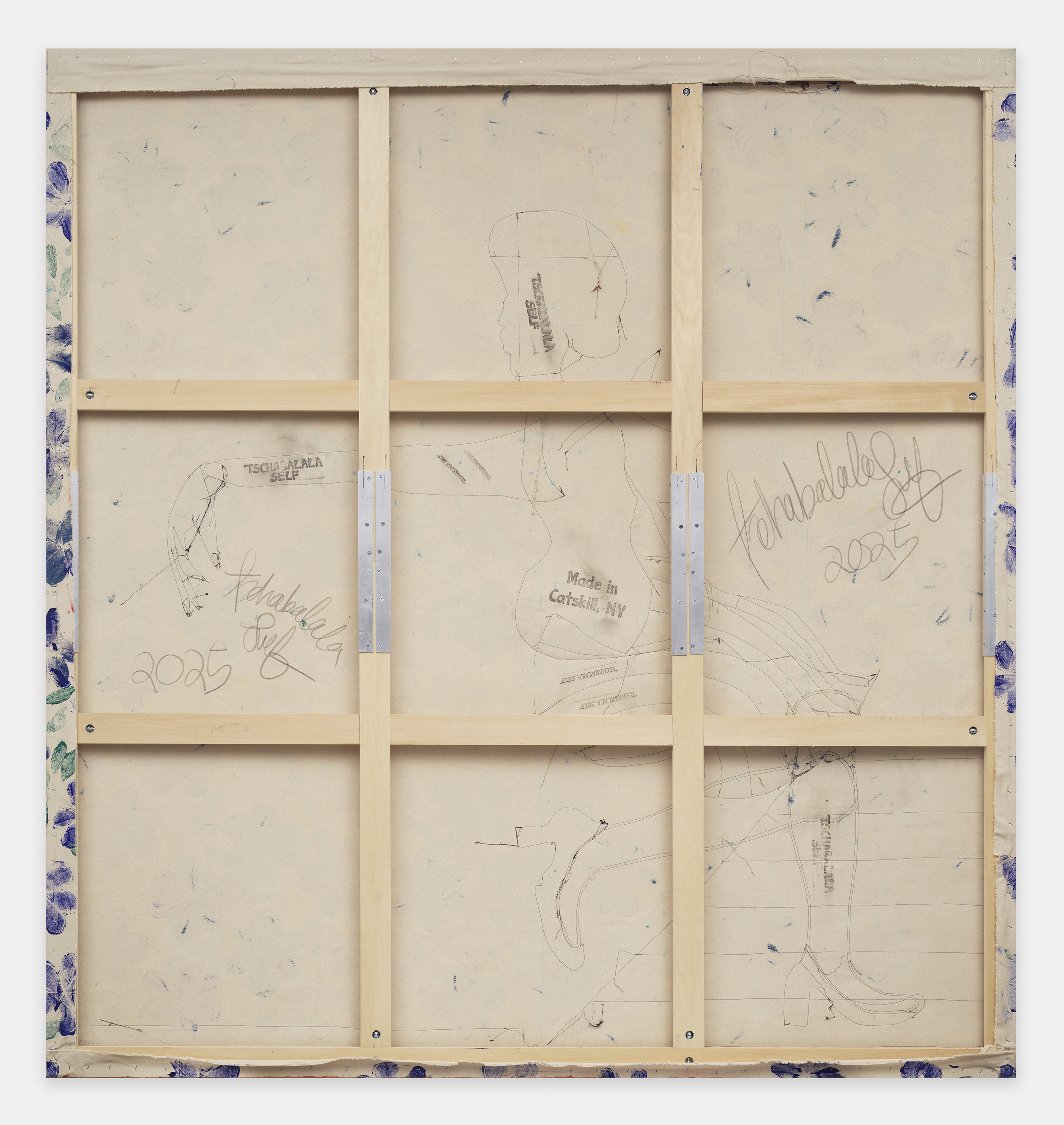 Tschabalala Self Blue Woman2025 Acrylic paint, fabric, thread, coloured pencil, painted canvas on canvas 259.1 x 243.8 x 3.8 cm...