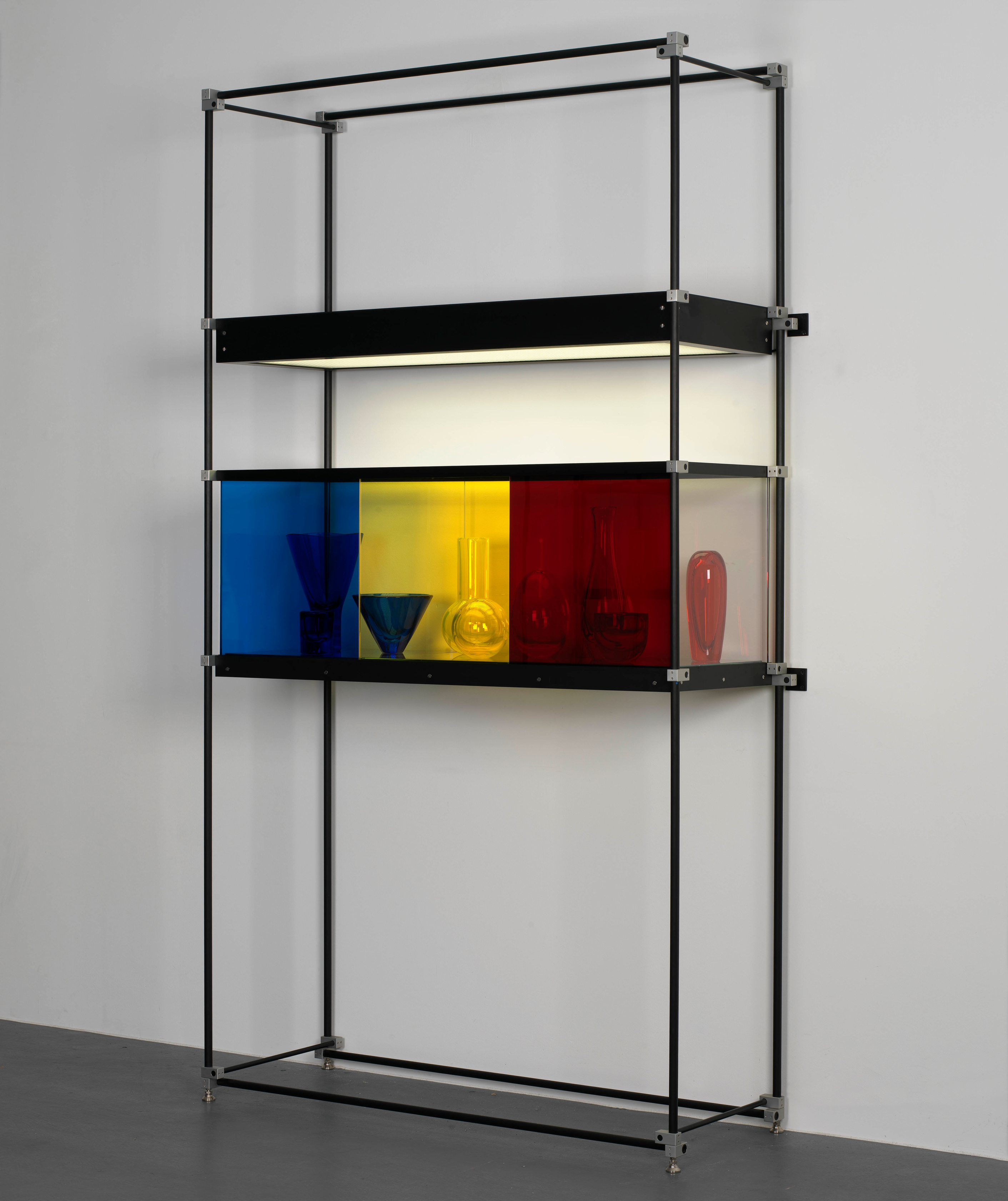 Josiah McElheny Chromatic Modernism (Blue, Yellow, Red)2008 Hand blown glass, coloured laminated sheet glass, low iron steel glass, anodized aluminium...
