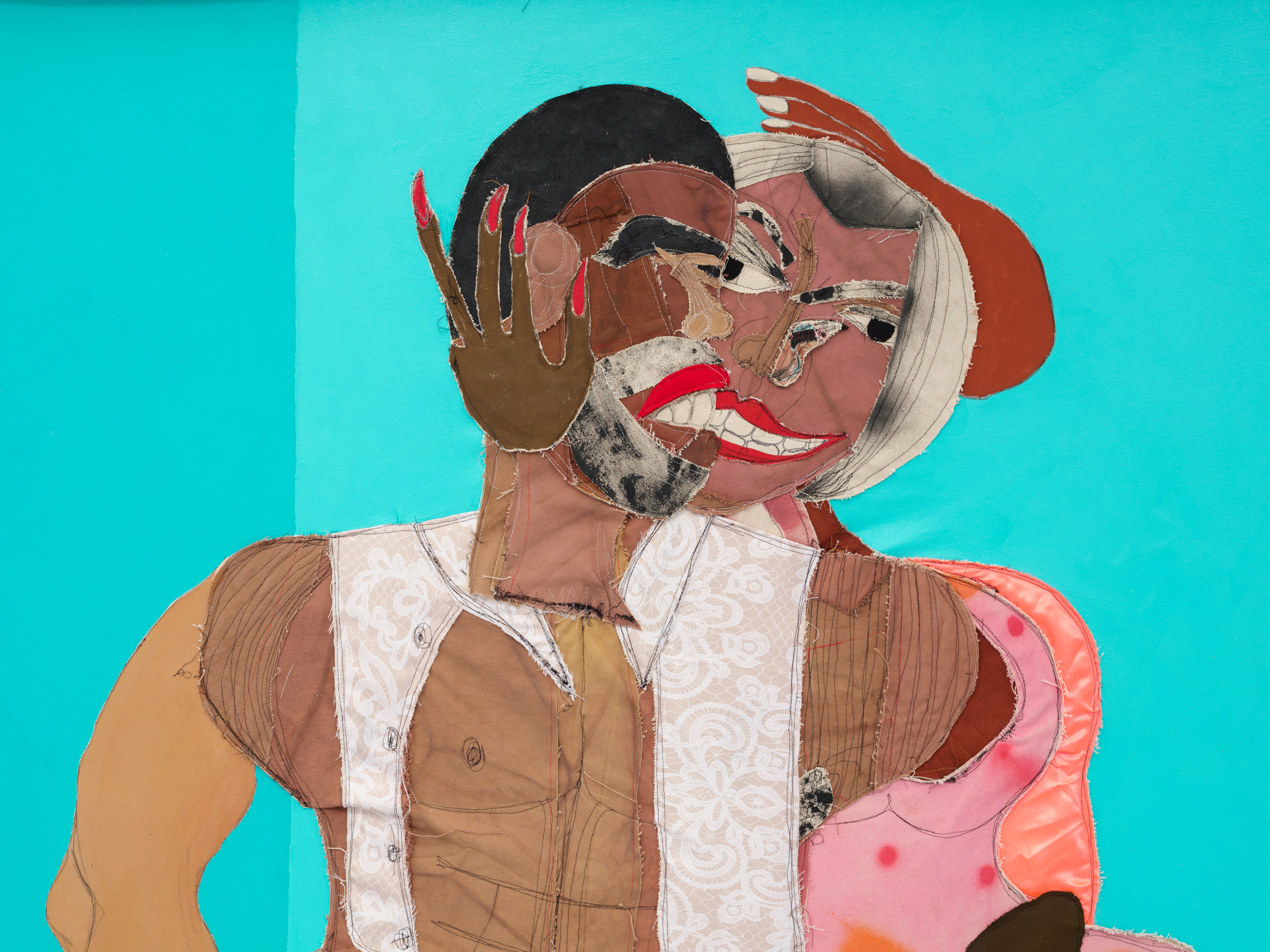 Tschabalala Self Madly2022 Silk, satin, fabric, acrylic, flashe, spray paint, thread, painted canvas and dyed canvas on canvas. 213.4 x...