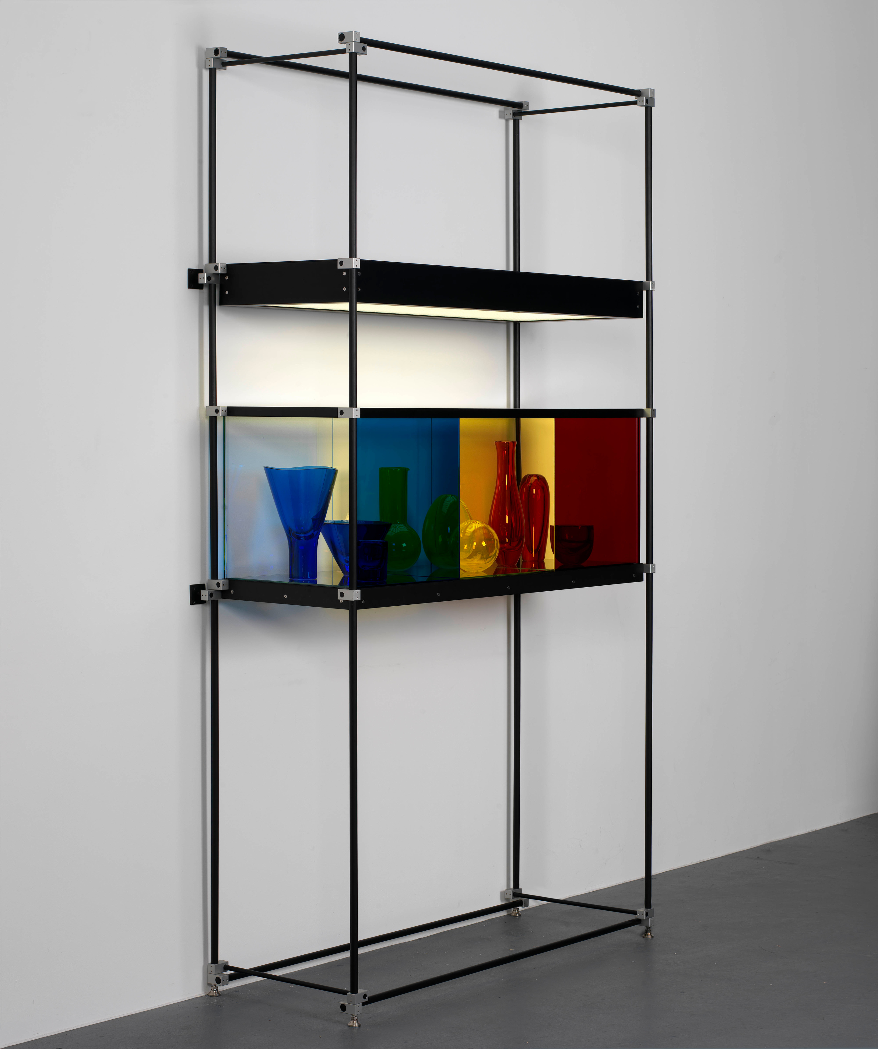 Josiah McElheny Chromatic Modernism (Blue, Yellow, Red)2008 Hand blown glass, coloured laminated sheet glass, low iron steel glass, anodized aluminium...