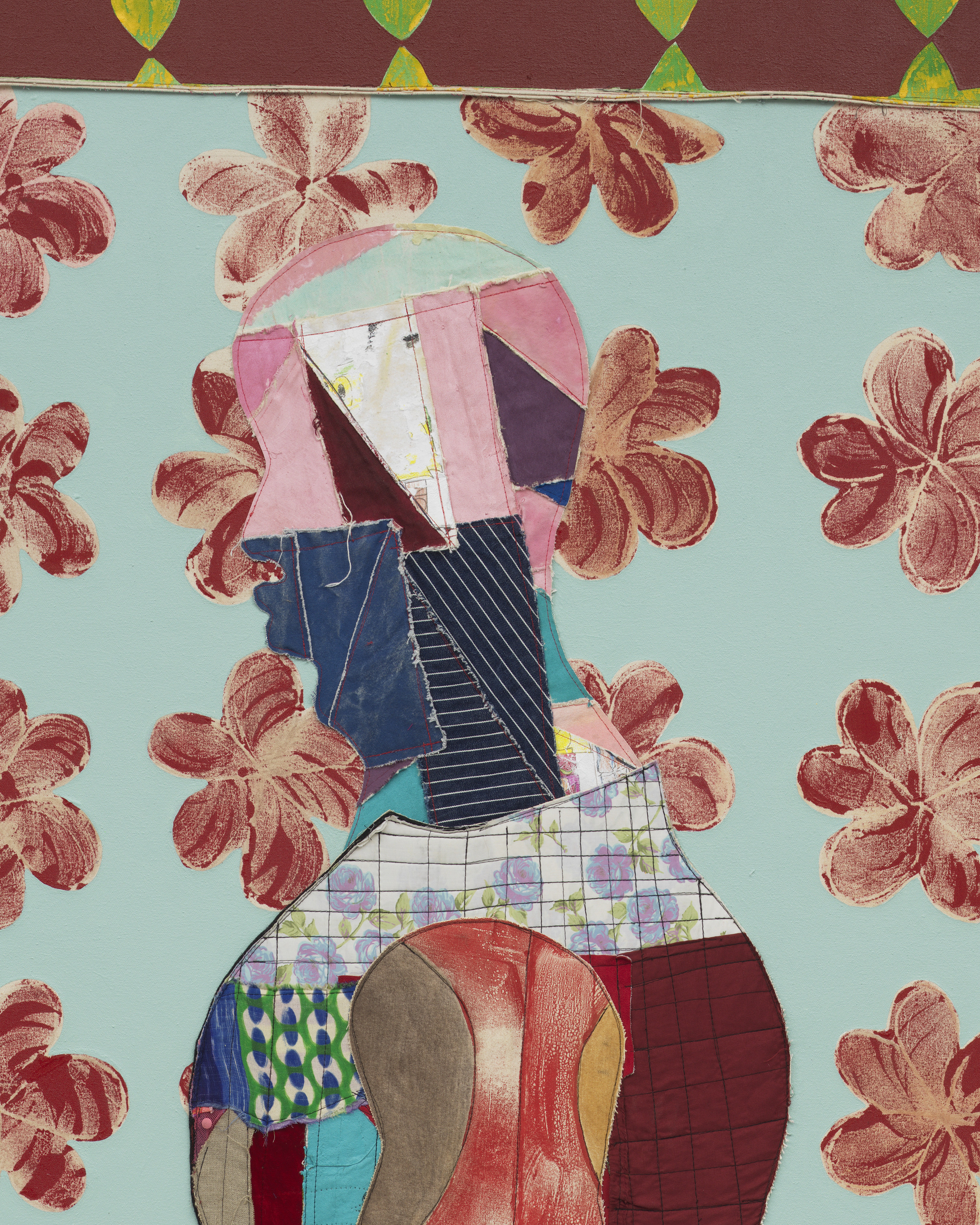 Tschabalala Self Humility2025 Acrylic paint, fabric, thread, coloured pencil, painted canvas on canvas 243.8 x 121.9 x 4.4 cm 96...