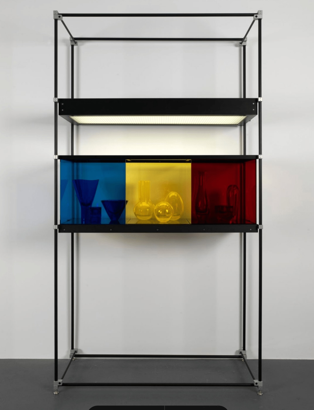 Josiah McElheny Chromatic Modernism (Blue, Yellow, Red)2008 Hand blown glass, coloured laminated sheet glass, low iron steel glass, anodized aluminium...