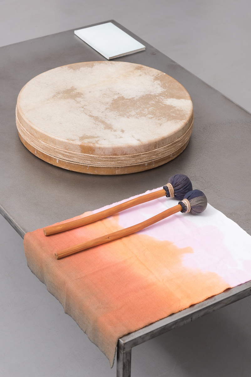 Ulla von Brandenburg It has a Golden Yellow Sun and an Elderly Grey Moon2015 Metal table, drum, drum sticks, dyed...