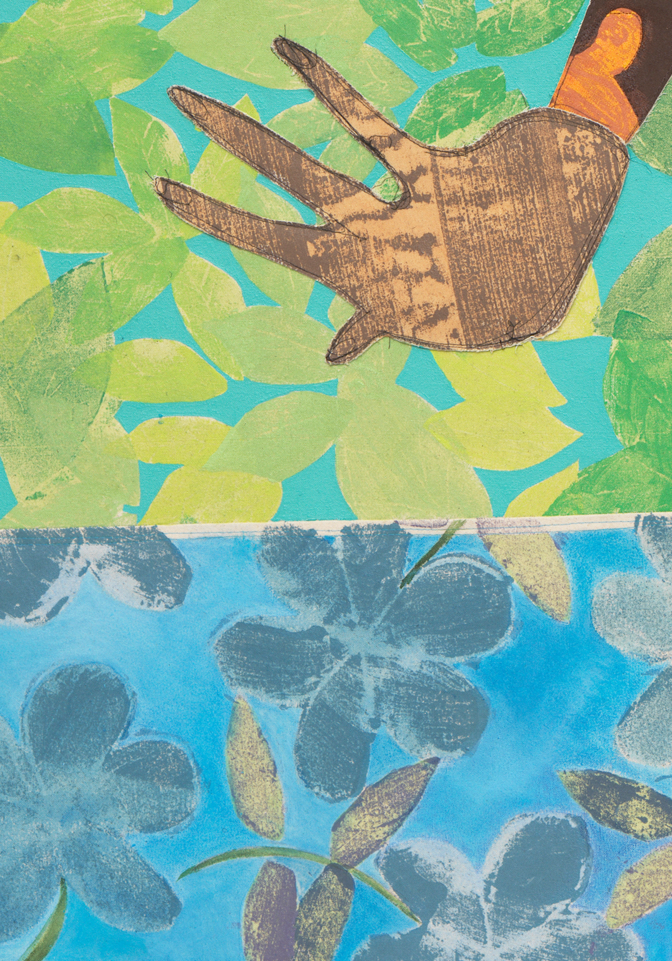 Tschabalala Self Bayou Bather2025 Fabric, thread, painted canvas, colored pencil, acrylic, oil and ink on canvas 259.1 x 243.8 x...