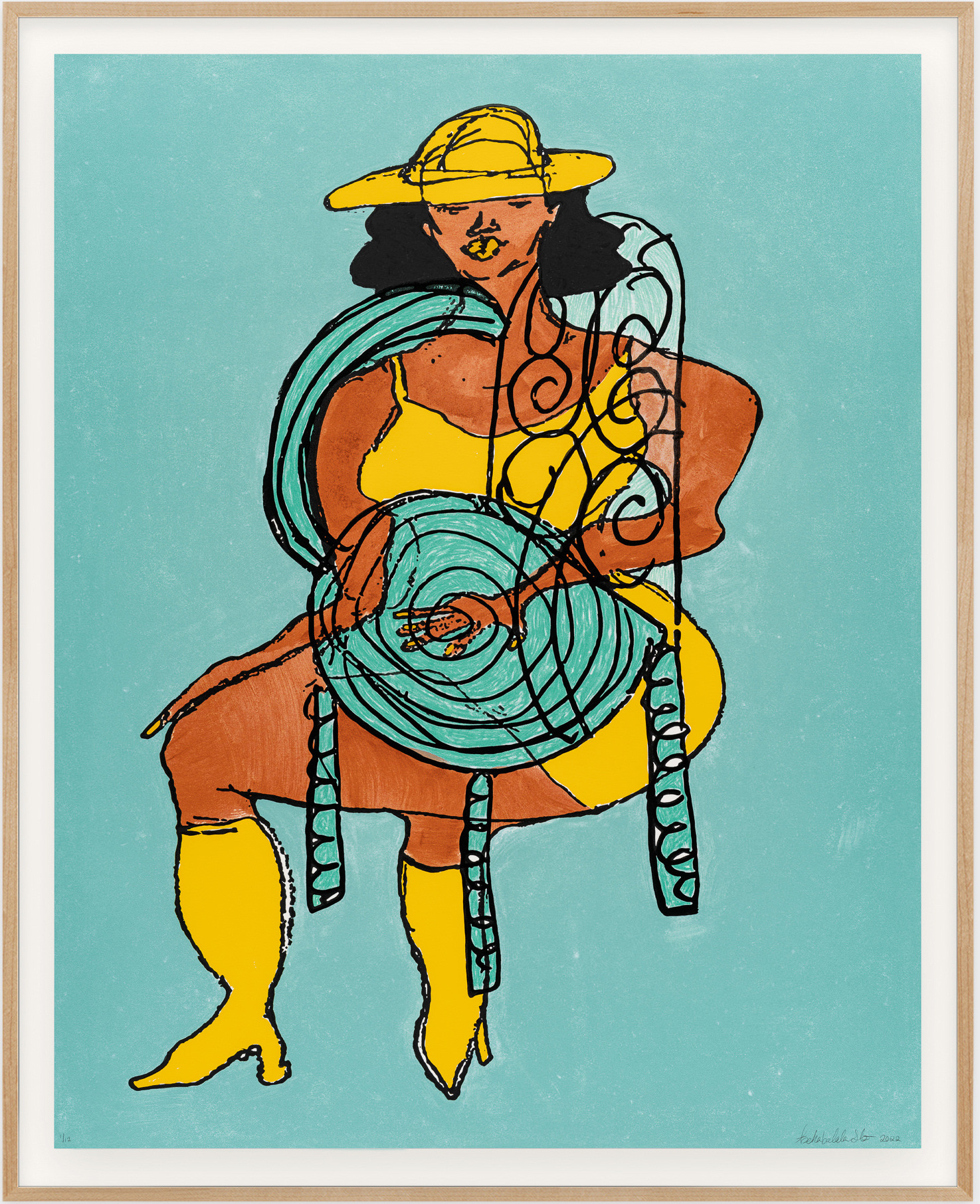 Tschabalala Self, Lady in Yellow on Spiral Seat #2 Teal Background, 2022