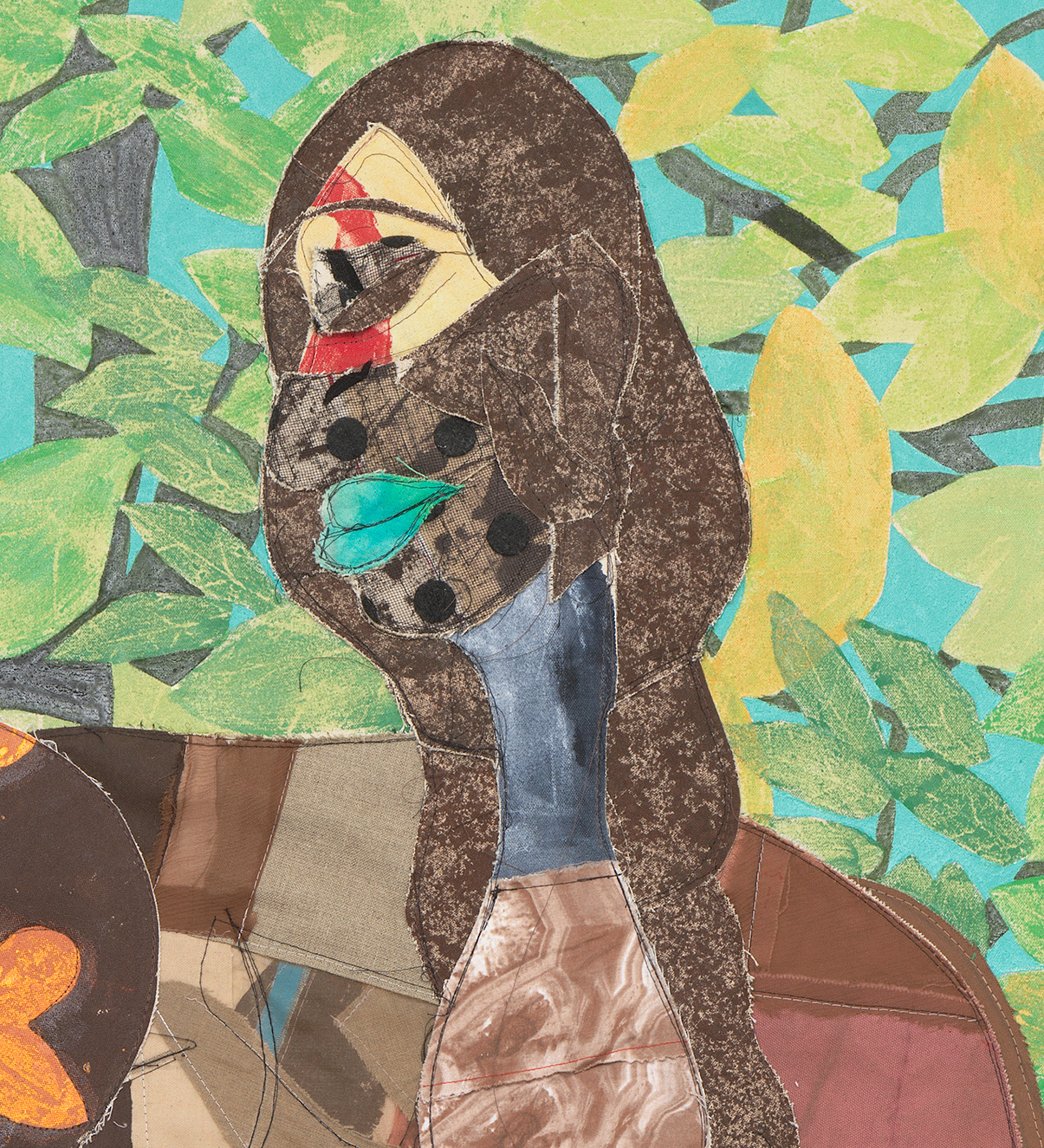 Tschabalala Self Bayou Bather2025 Fabric, thread, painted canvas, colored pencil, acrylic, oil and ink on canvas 259.1 x 243.8 x...