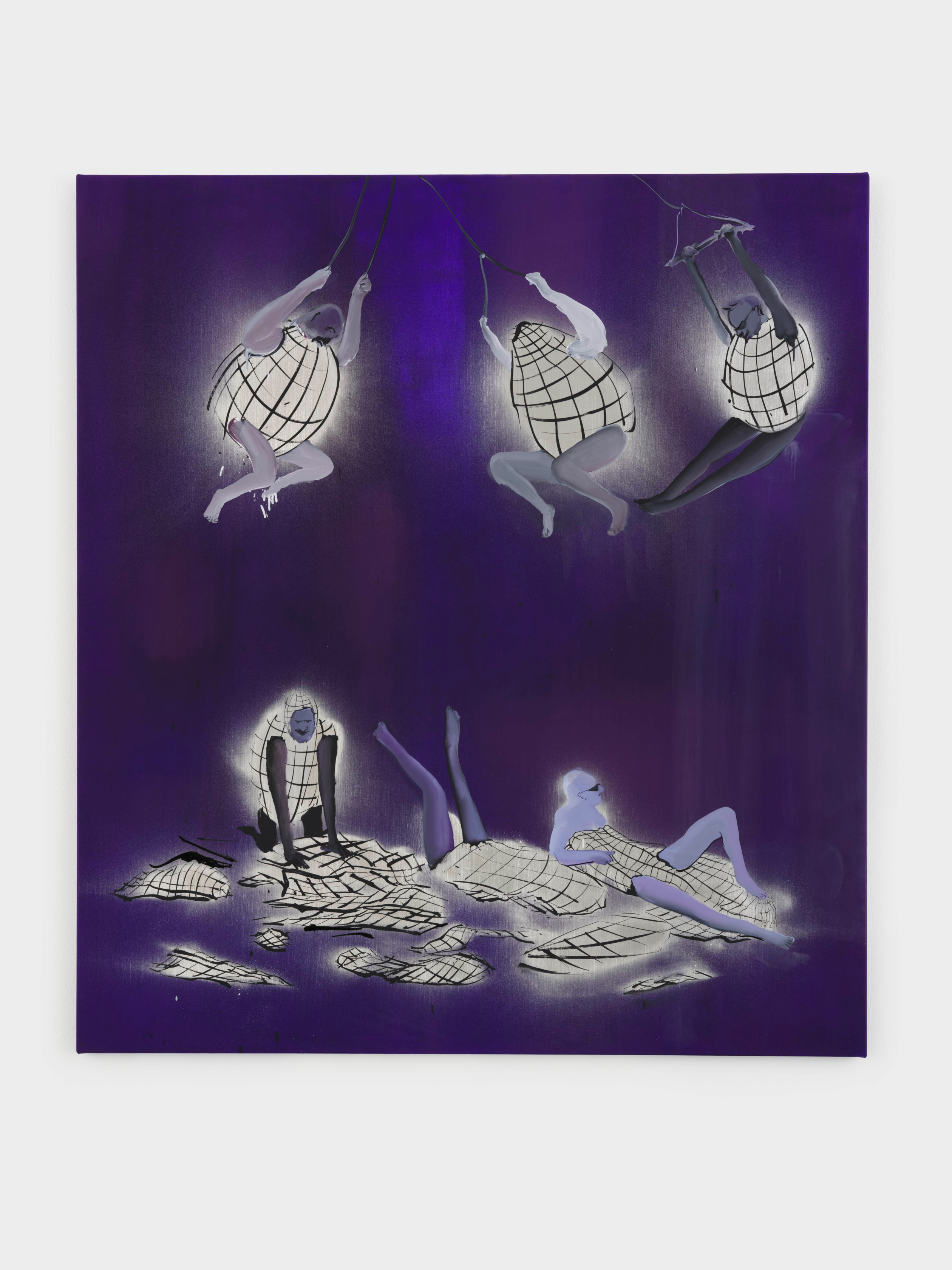 Tala Madani Disco Balls2025 Oil and spray paint on linen 147.3 x 152.4 cm 58 x 60 in