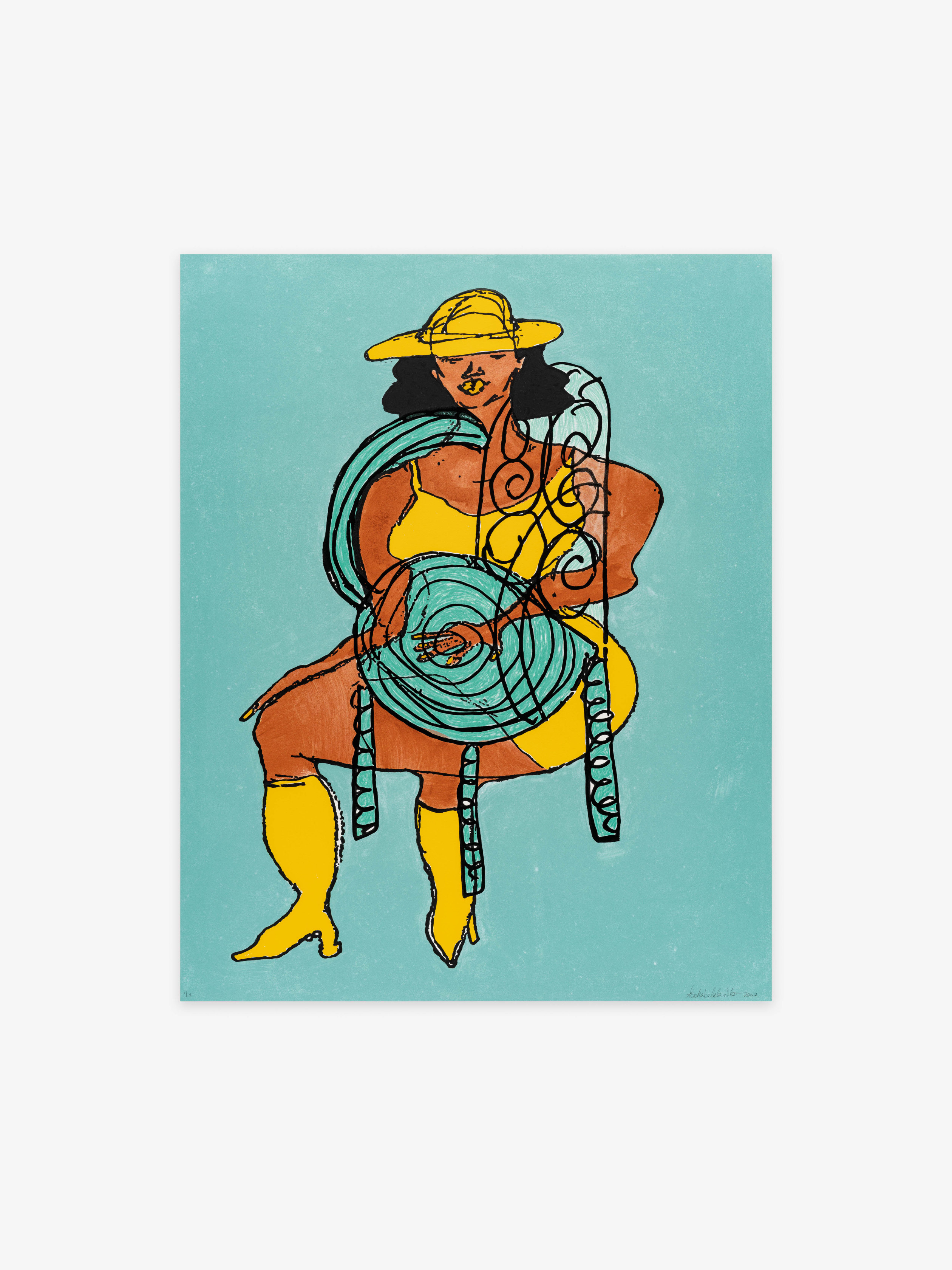 Tschabalala Self, Lady in Yellow on Spiral Seat #2 Teal Background, 2022