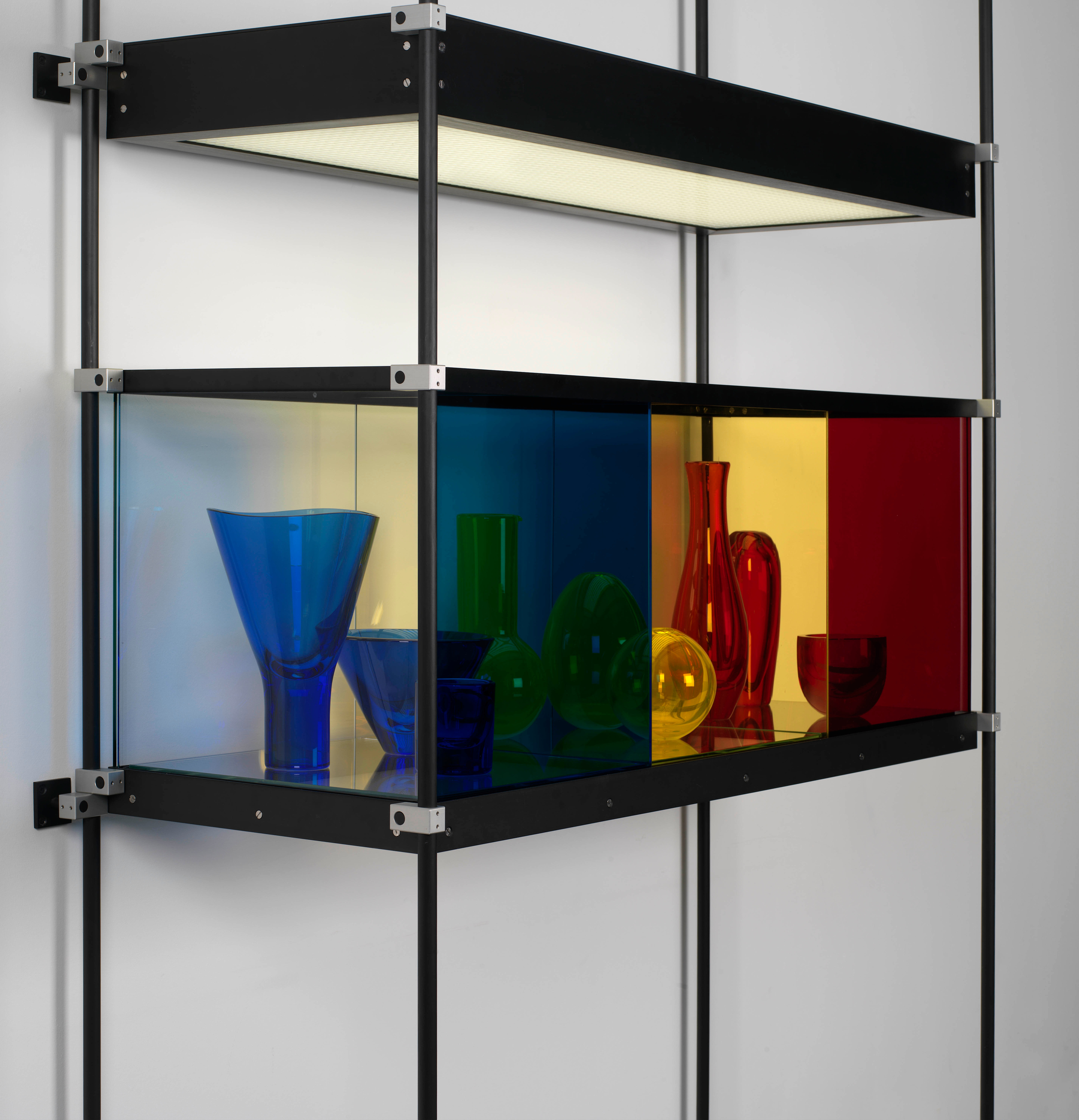 Josiah McElheny Chromatic Modernism (Blue, Yellow, Red)2008 Hand blown glass, coloured laminated sheet glass, low iron steel glass, anodized aluminium...