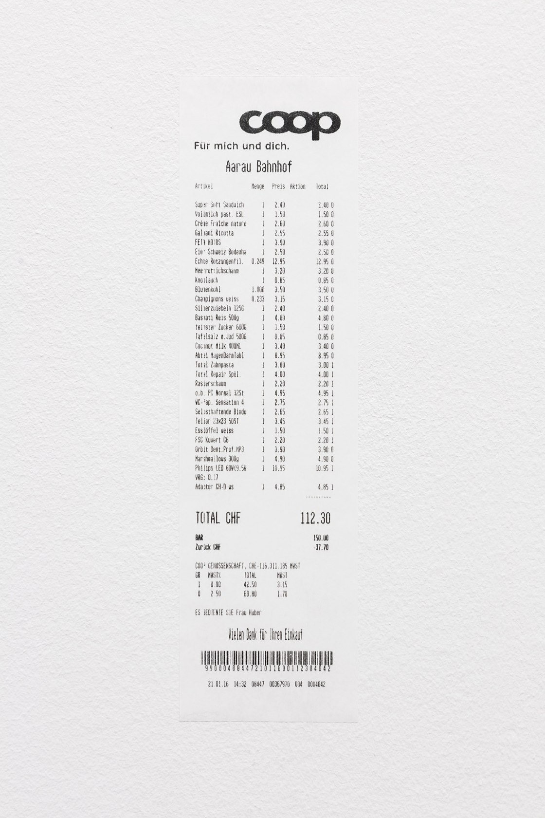 Ceal Floyer, Monochrome Till Receipt (White) Swiss Version, 2016