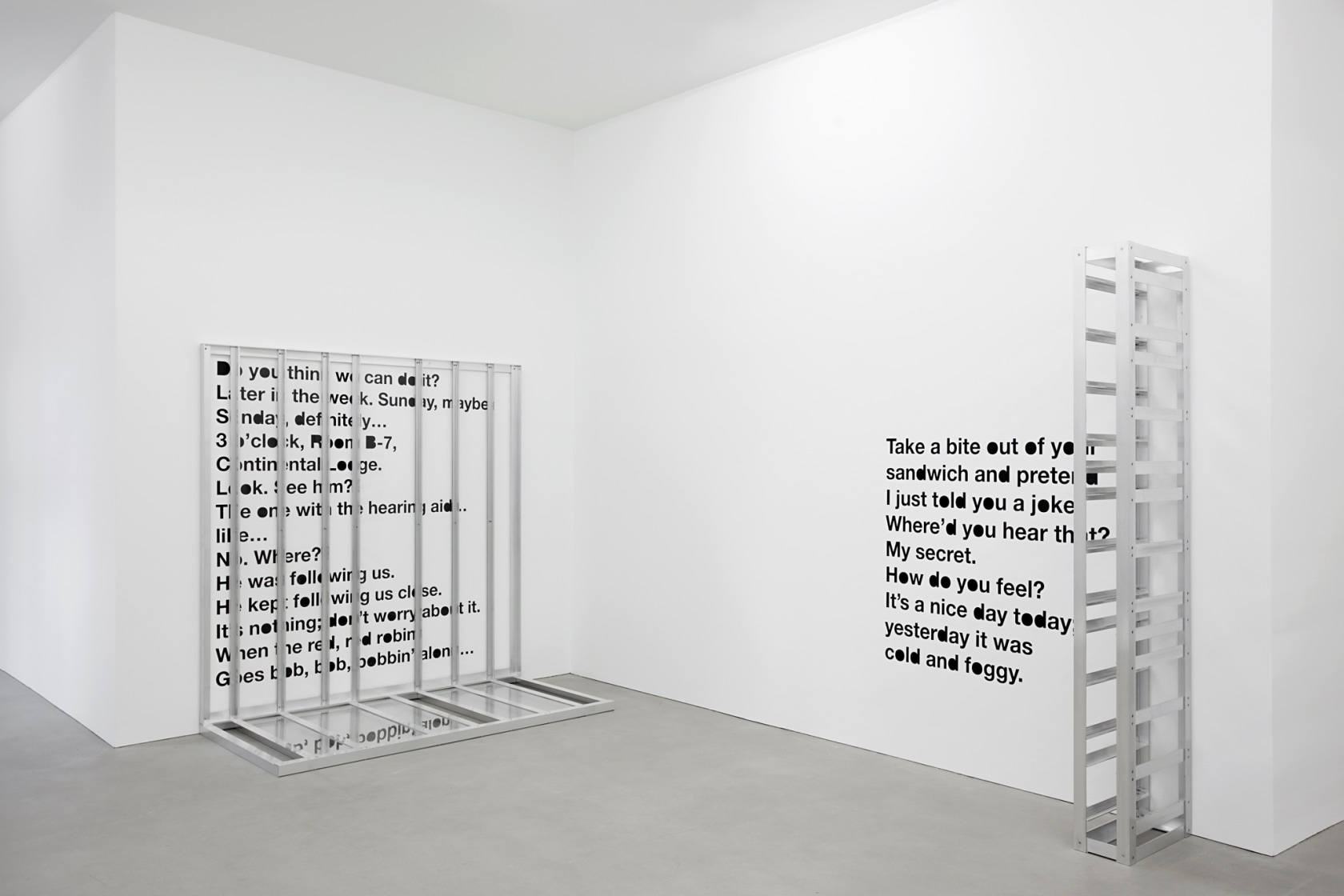 Folded Reference Screen, 2014 (left) Restricted Reference Screen, 2014 (right) Both works: raw aluminium, clear Plexiglas, vinyl letters The sculptural...
