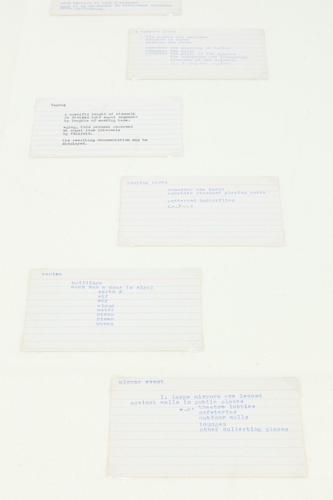 Index Cards, 1969–70 (detail) Typescript or handwritten on ruled index cards Photo © Andrea Rossetti