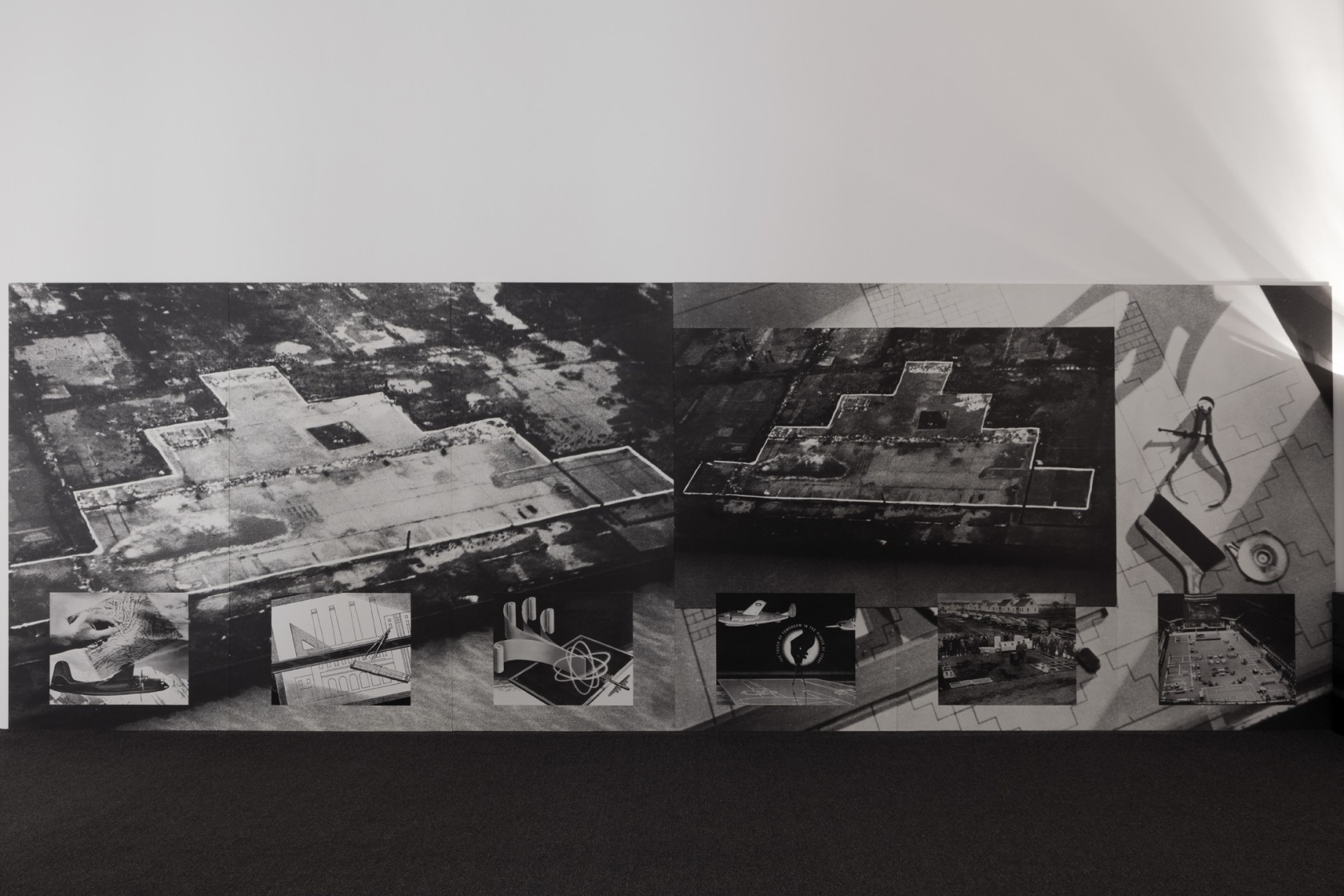 Reconstructing Futures, 1977 (detail) 14 photomontage panels, 2 vinyl-upholstered seats, 2 marble and steel barbells, synthetic carpet, 2 copper- and...