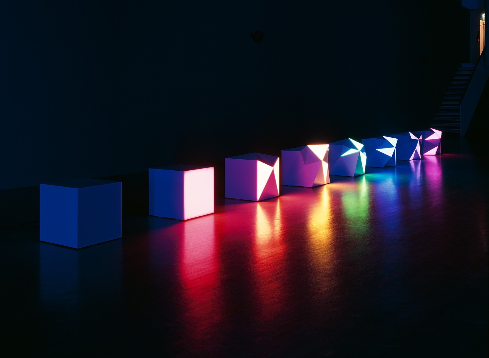 Progression of 8 Perverted Pixels, 2008 7 DMX modules, 1 Black Box module, plexiglass, aluminum, DMX cables, RGB lightning system,...