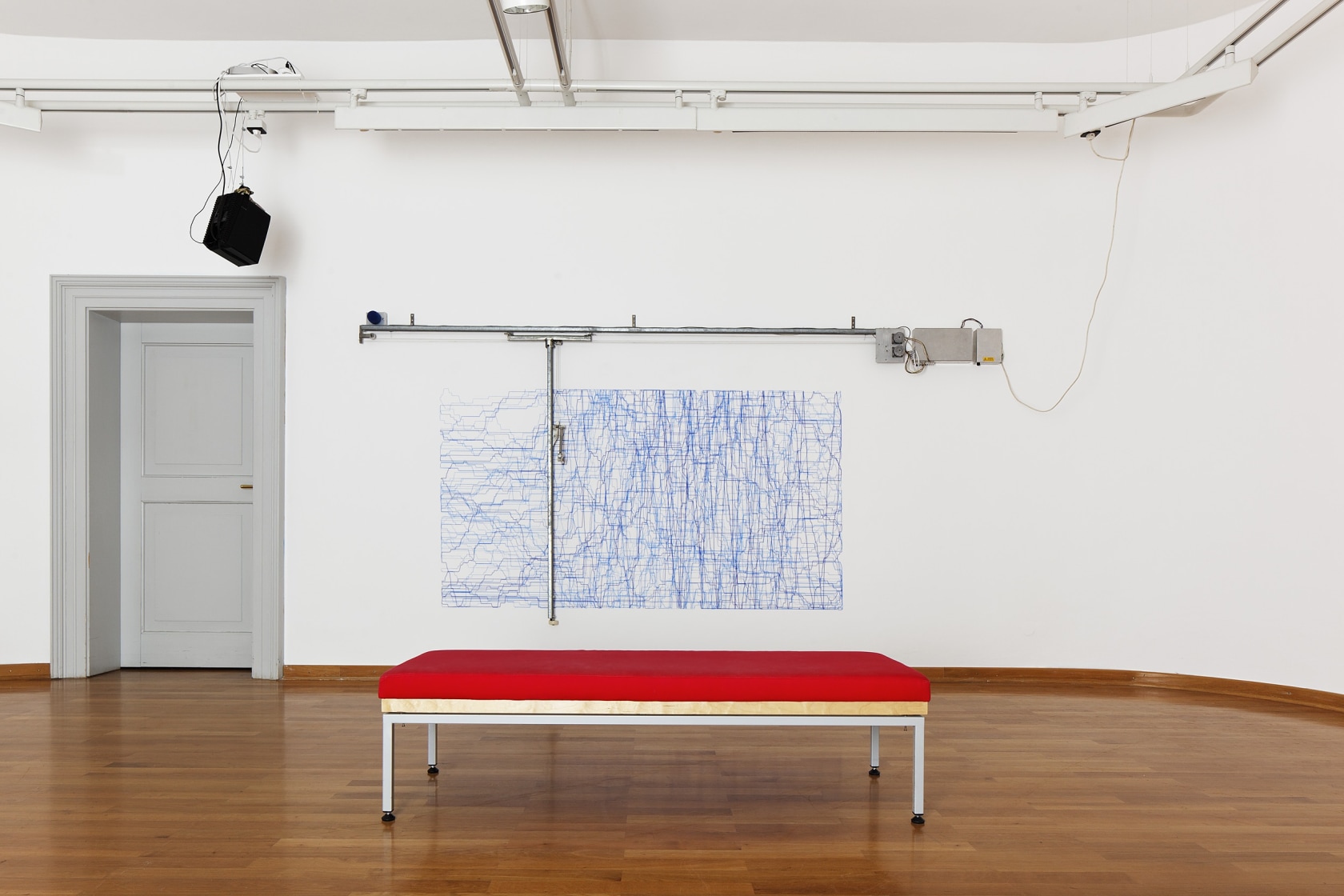 Grid Drawing Machine, 1992 Steel rail, pulleys, rope, 2 motors, electronics, switches, box, pen, spare nibs, brackets, wick The work...
