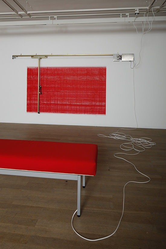Constructostrato Drawing Machine: Red, 2011 Bench to activate drawing machine, ink, metal rails and electronic motor, paper The Drawing Machines...