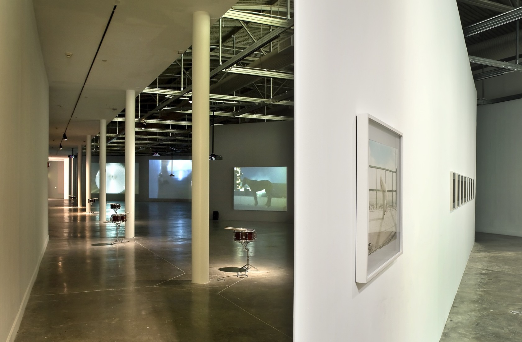 Doldrums, 2008 (on the floor) Altered Brady snare drums, loudspeaker parts, snare stands, drumsticks Self-playing snare drums were dispersed through...