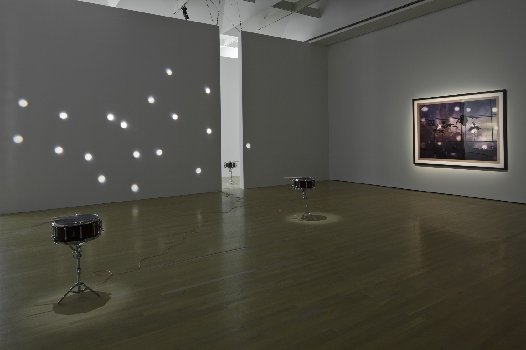 Jardin Botanico (roja, violeta, azul, bianco, verde), 2009 (detail; right) Doldrums, 2008 (on the floor) Altered Brady snare drums, loudspeaker...