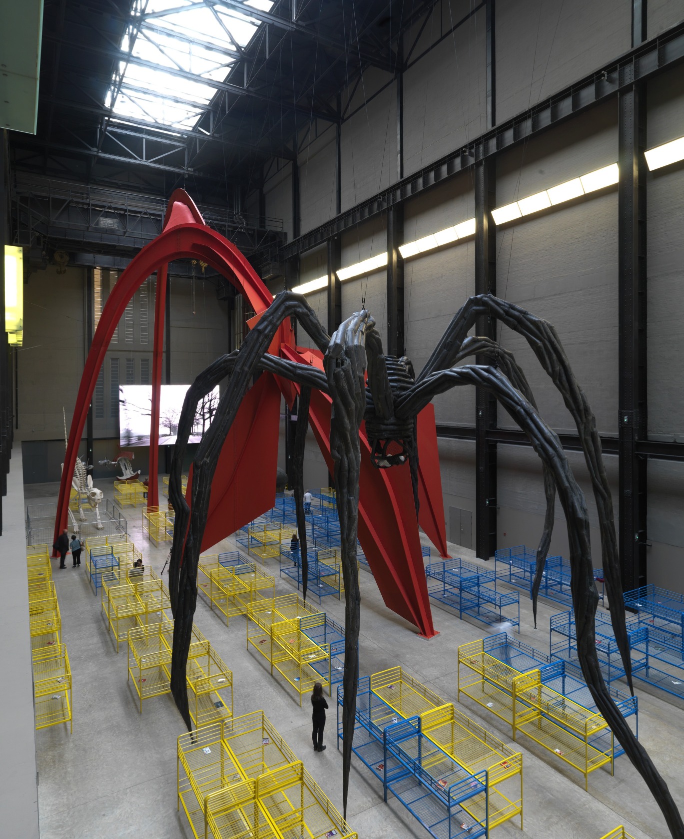 TH.2058, 2008 3 reproduced sculptures (125% of original size, Calder, Moore, Bourgeois), LED Screen (16:9 format), 229 shakedown beds, approx....