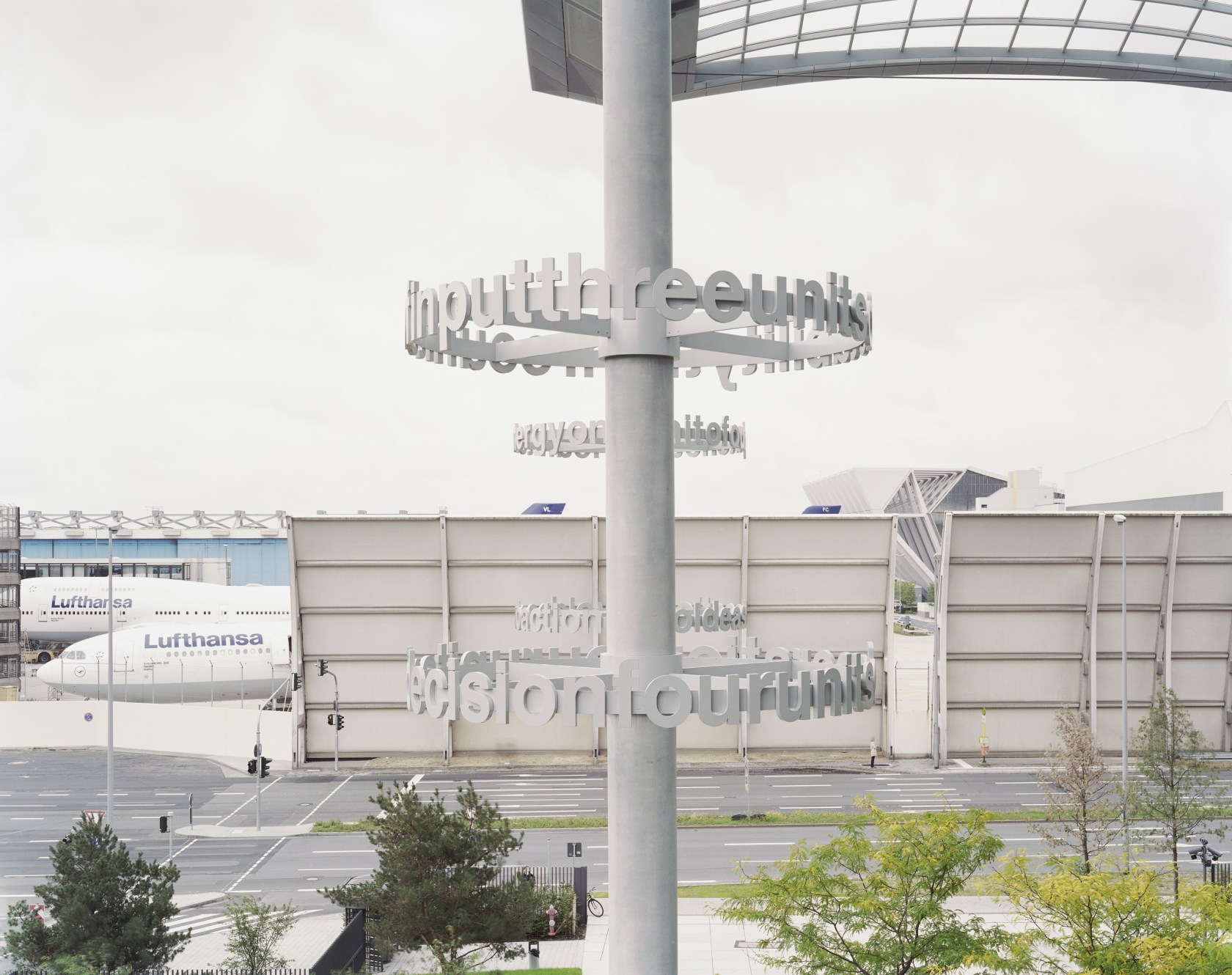 Liam Gillick Four levels of exchange, 2005 Powder-coated aluminium Four elements, each 50 x 460 cm The works read: one...