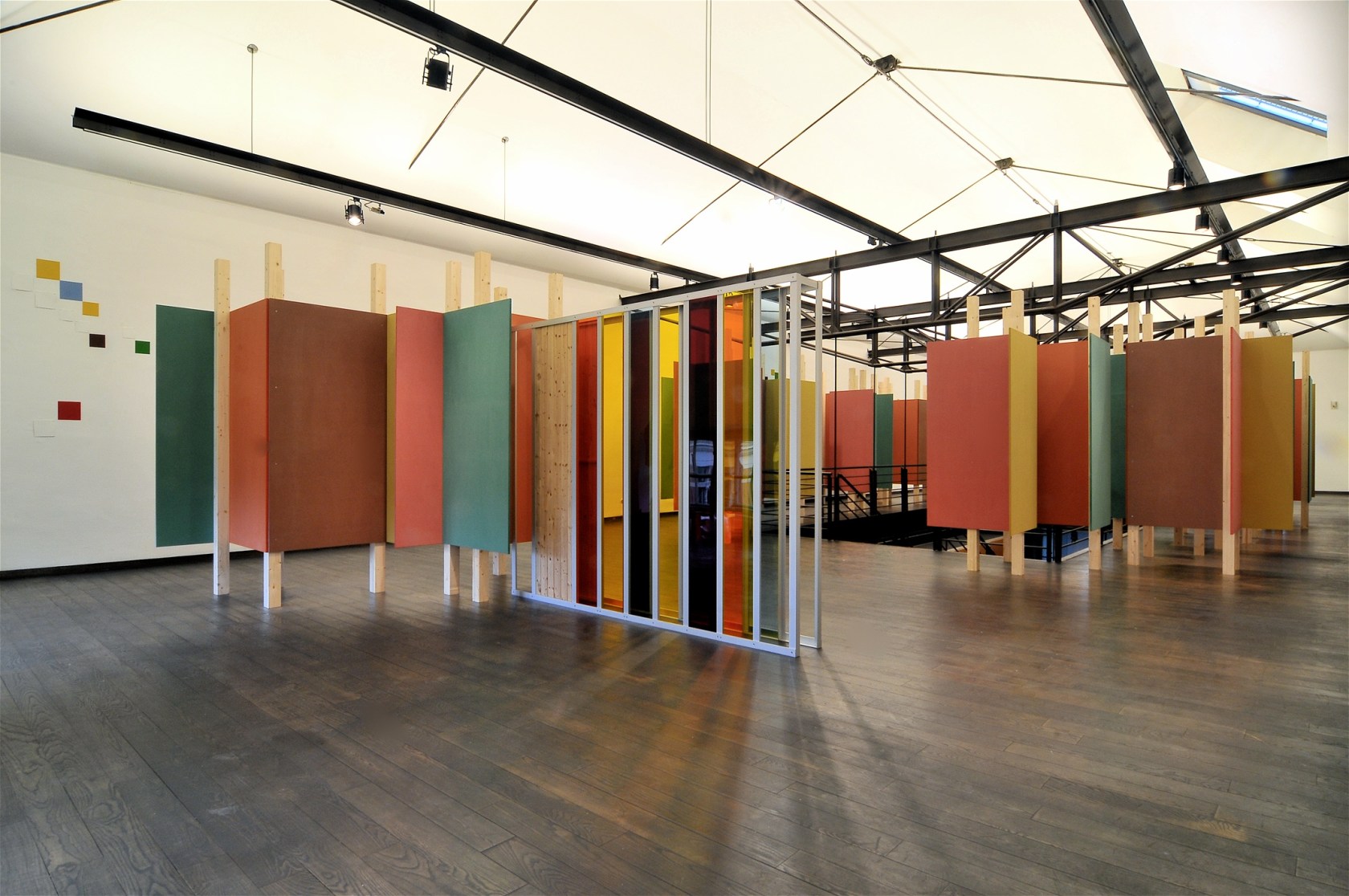 Liam Gillick Prototype MAK Production Pavilion (Housed in the Countryside), 2009 Dyed MDF, wood Layered Impasse Screen, 1998 (center) Anodised...