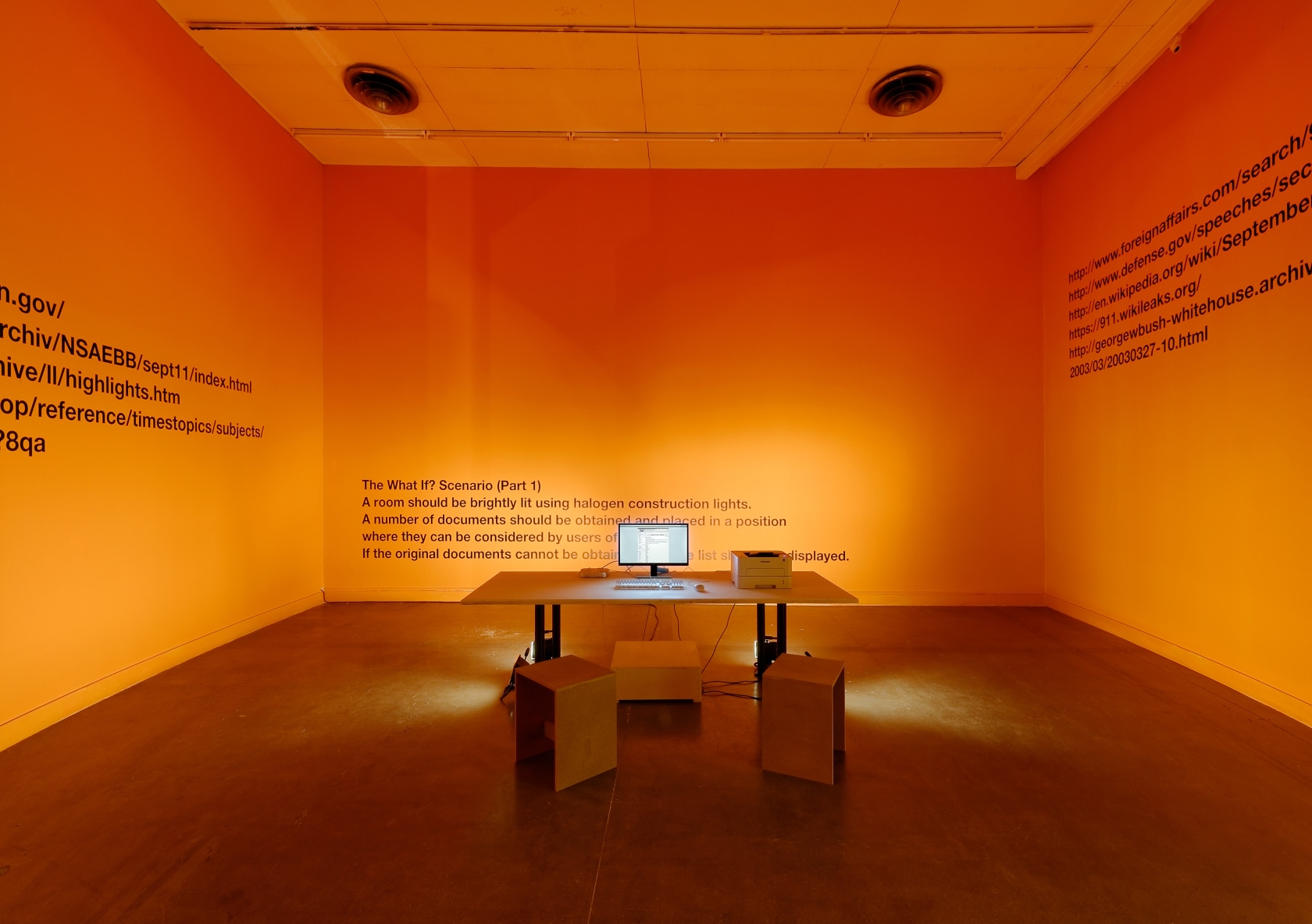 The What If? Scenario (Part 1), 1995–2014 Texts, halogen lamps Photo © Blaise Adilon